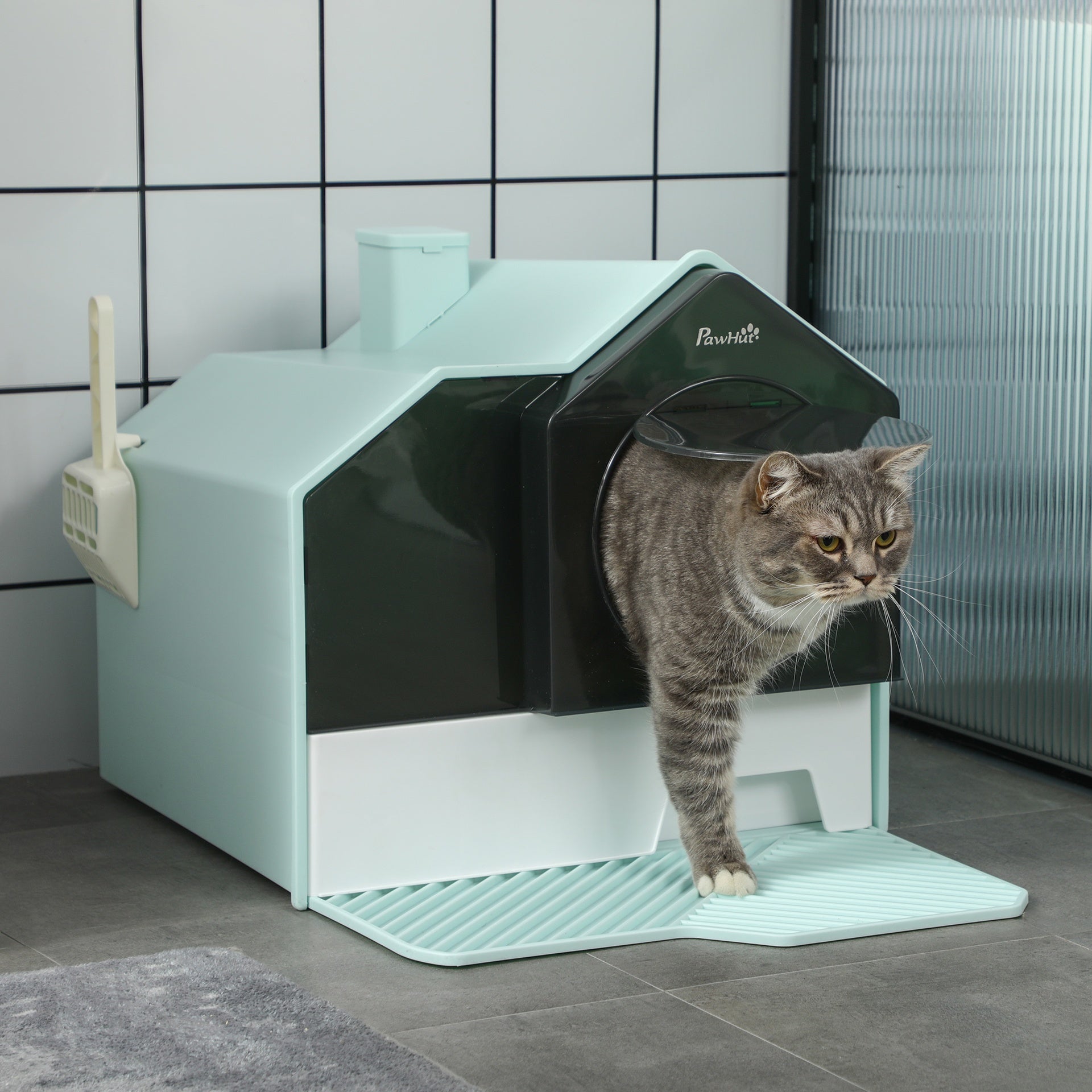 PawHut Hooded Cat Litter Box w/ Litter Mat, Litter Particle Catching, Light Blue