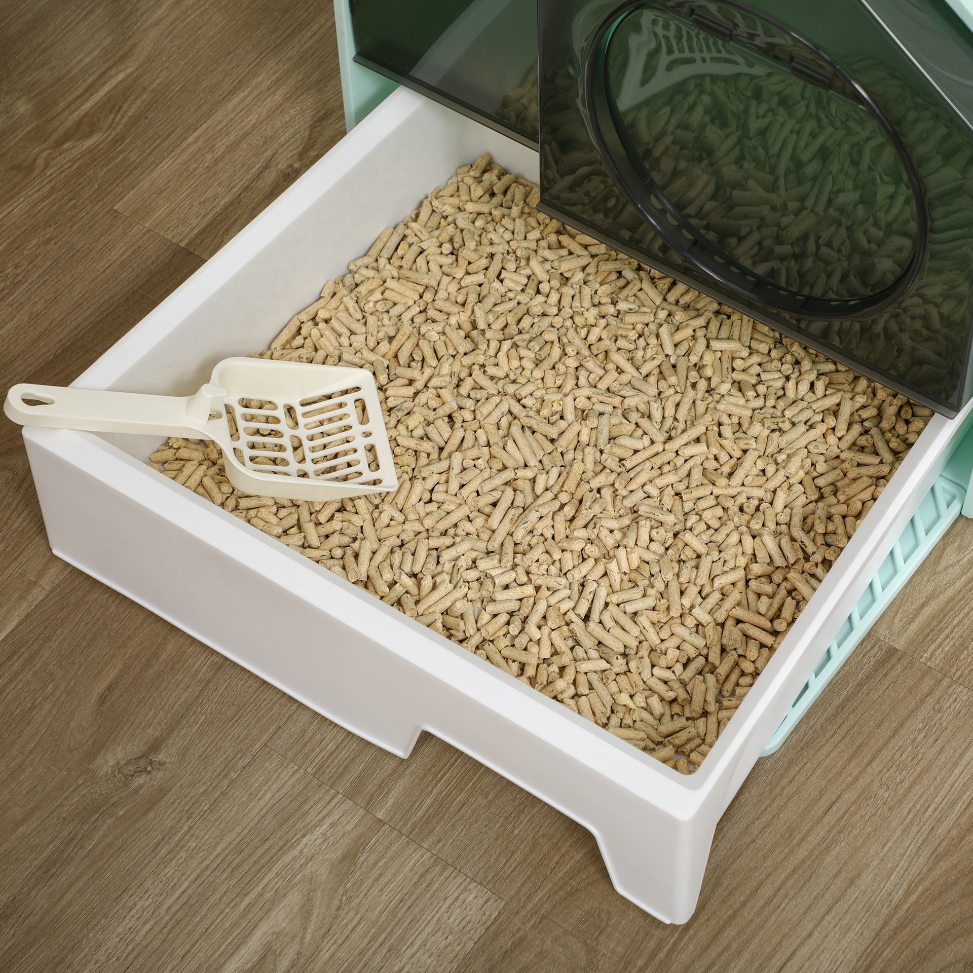 PawHut Hooded Cat Litter Box w/ Litter Mat, Litter Particle Catching, Light Blue