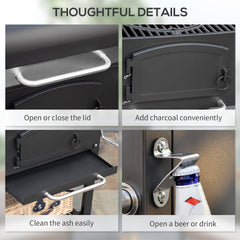 Outsunny Charcoal BBQ Grill w/ Adjustable Height, Folding Shelves, Thermometer, and Wheels, Black