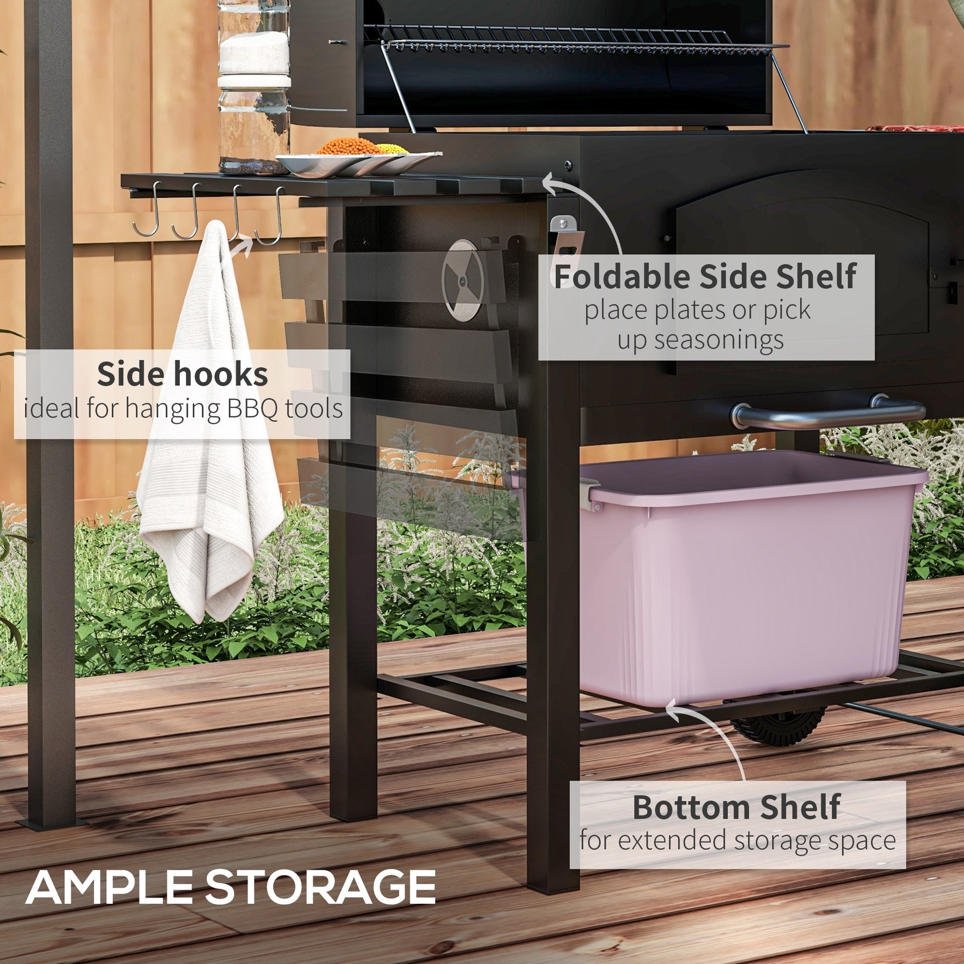 Outsunny Charcoal BBQ Grill w/ Adjustable Height, Folding Shelves, Thermometer, and Wheels, Black