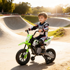 Qaba 12V Kids Electric Motorcycle w/ Twist Grip Throttle, Training Wheels, Rear Suspension & Music, Green