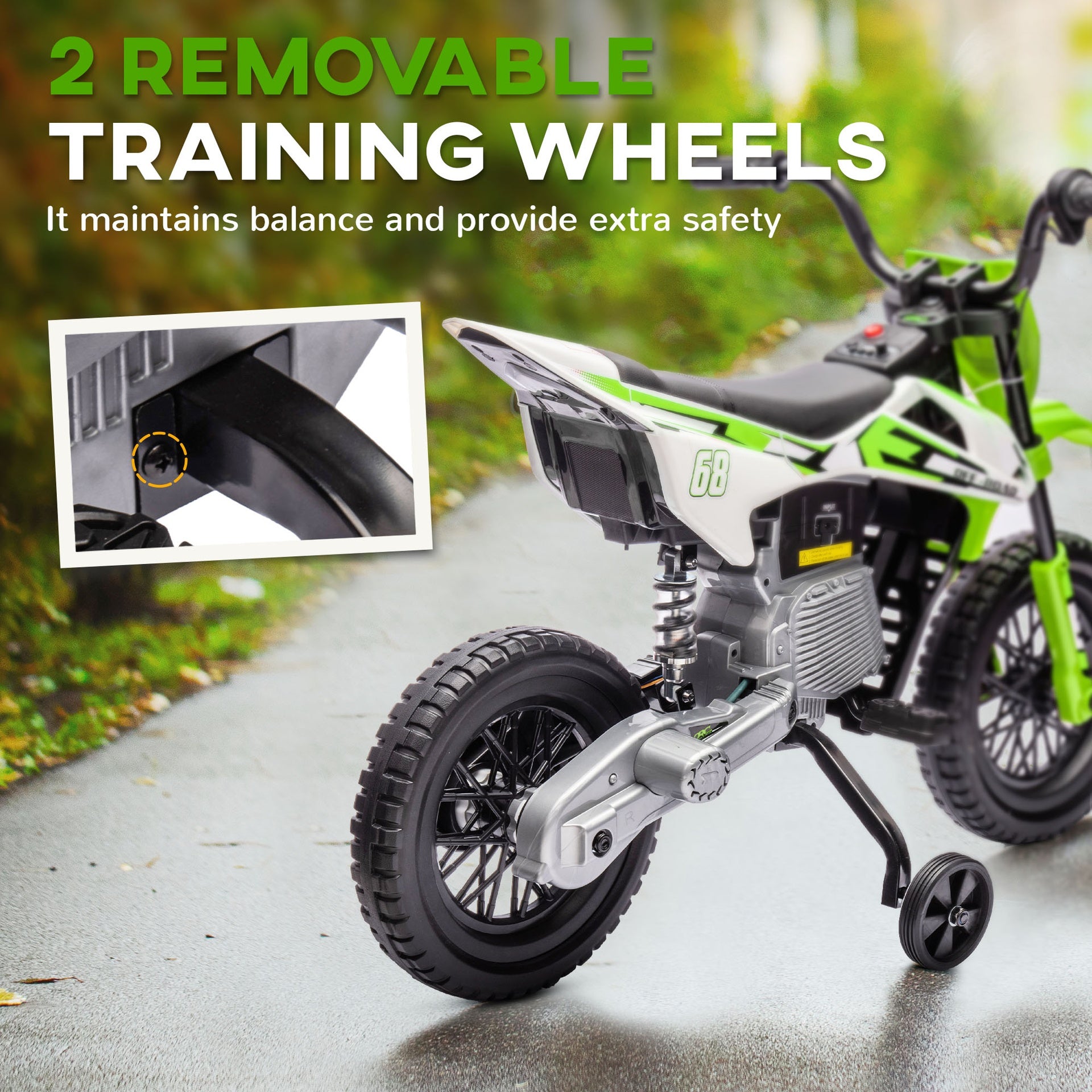 Qaba 12V Kids Electric Motorcycle w/ Twist Grip Throttle, Training Wheels, Rear Suspension & Music, Green