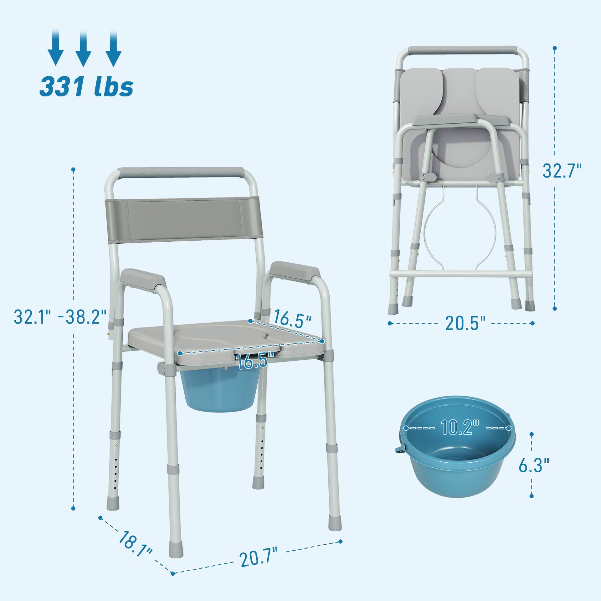 HOMCOM Bedside Commode Chair for Seniors, Adults, Handicap, Raised Toilet Seat with Arm, Adjustable Height, 331 lbs, Gray