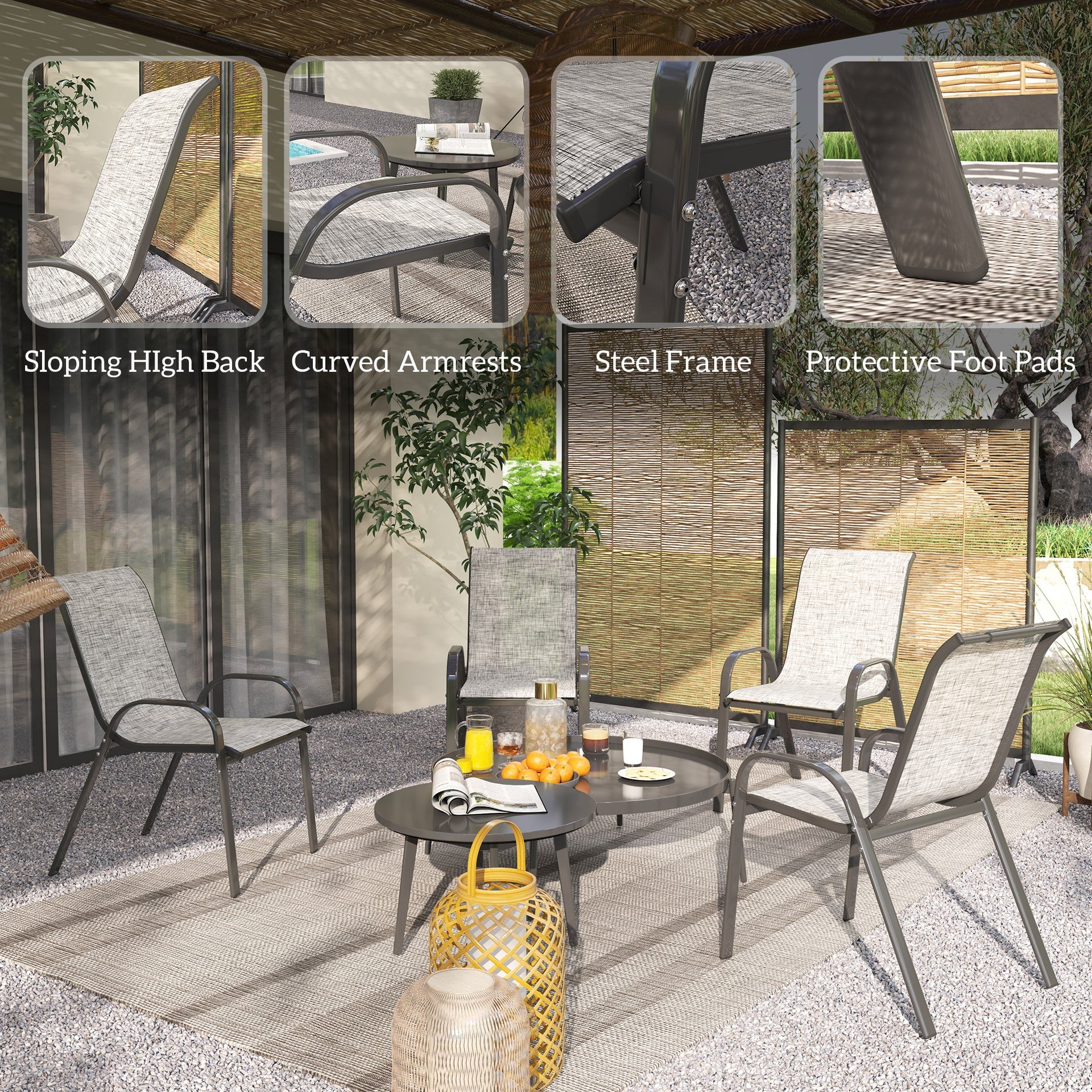Outsunny Set of 4 Outdoor Dining Chairs, Stackable Patio Chairs with High Back, Breathable Mesh Seat for Garden Lawn, Mixed Gray
