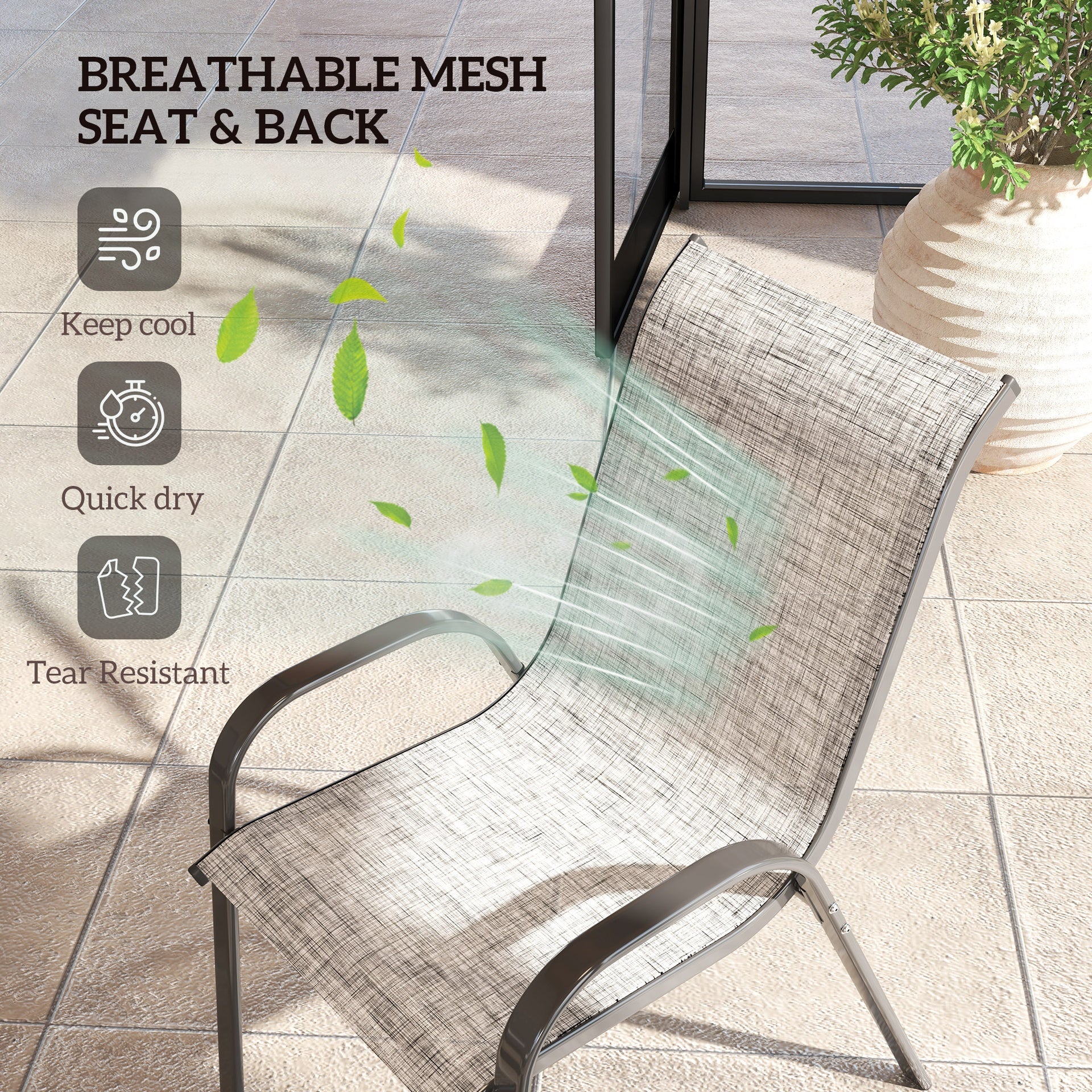 Outsunny Set of 4 Outdoor Dining Chairs, Stackable Patio Chairs with High Back, Breathable Mesh Seat for Garden Lawn, Mixed Gray