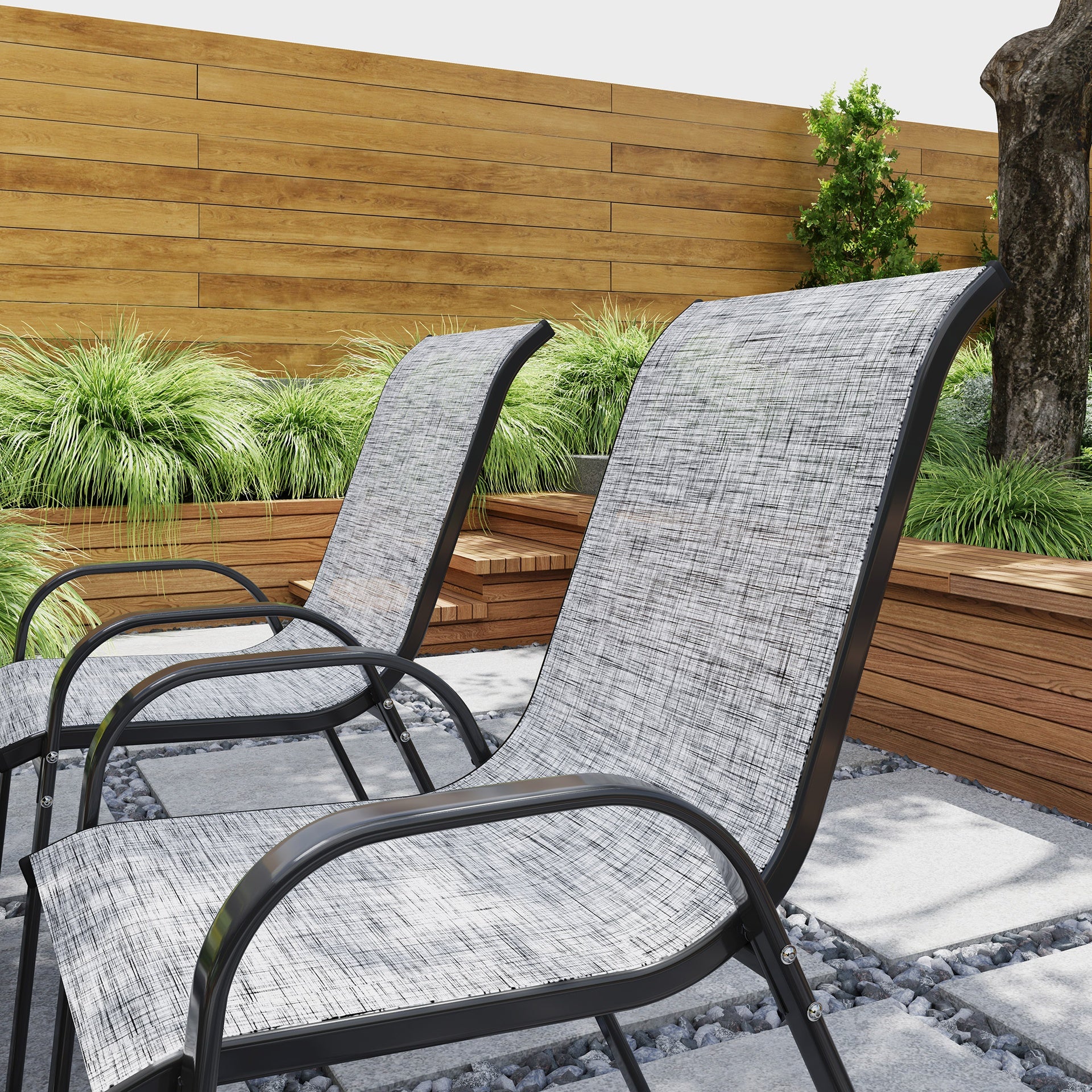 Outsunny Set of 4 Outdoor Dining Chairs, Stackable Patio Chairs with High Back, Breathable Mesh Seat for Garden Lawn, Mixed Gray