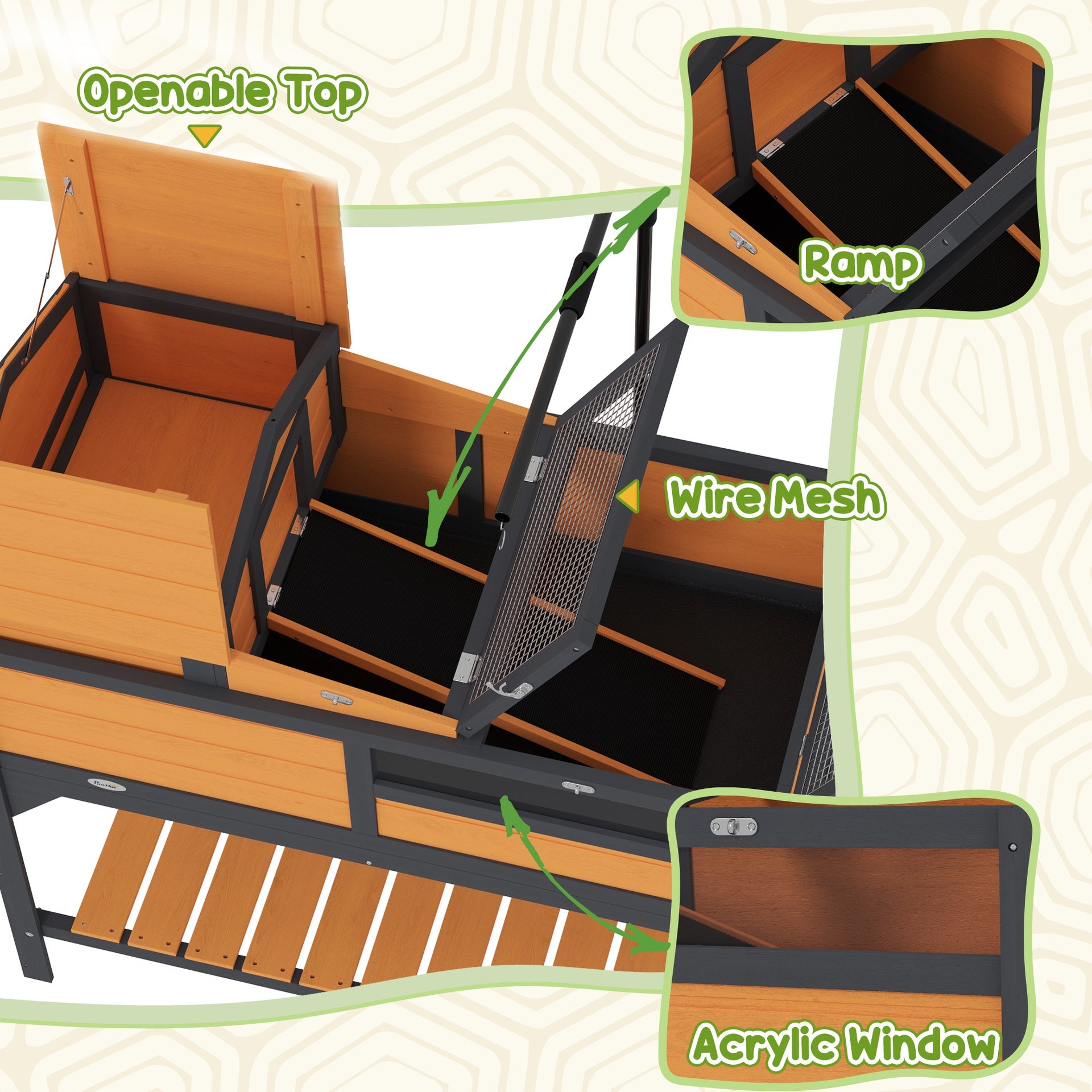 PawHut Tortoise Enclosure Tortoise House w/ Adjustable Lamp Holder, Storage Shelf, Removable Main House, Openable Lid, Yellow