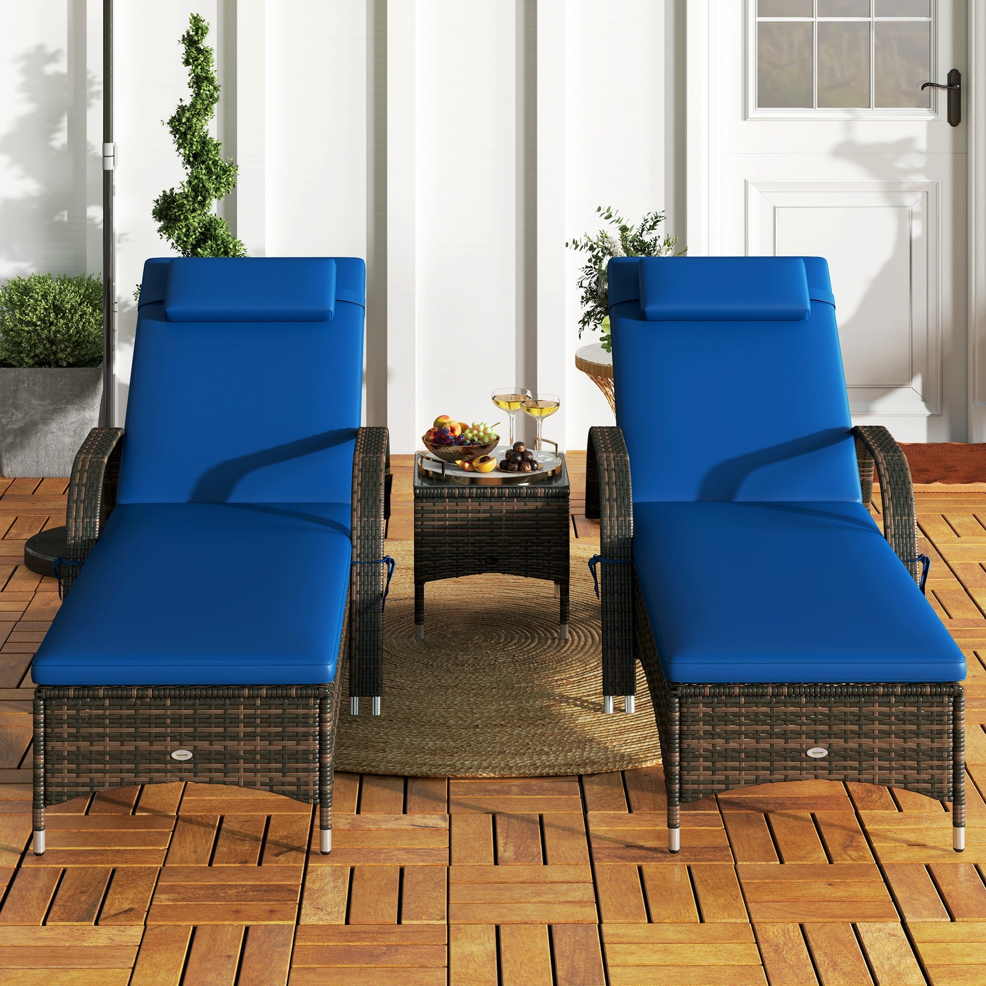Outsunny Patio Wicker Chaise Lounge Chair Set of 2 with Table, Adjustable Backrest, Wheels, Cushion & Headrest, Blue