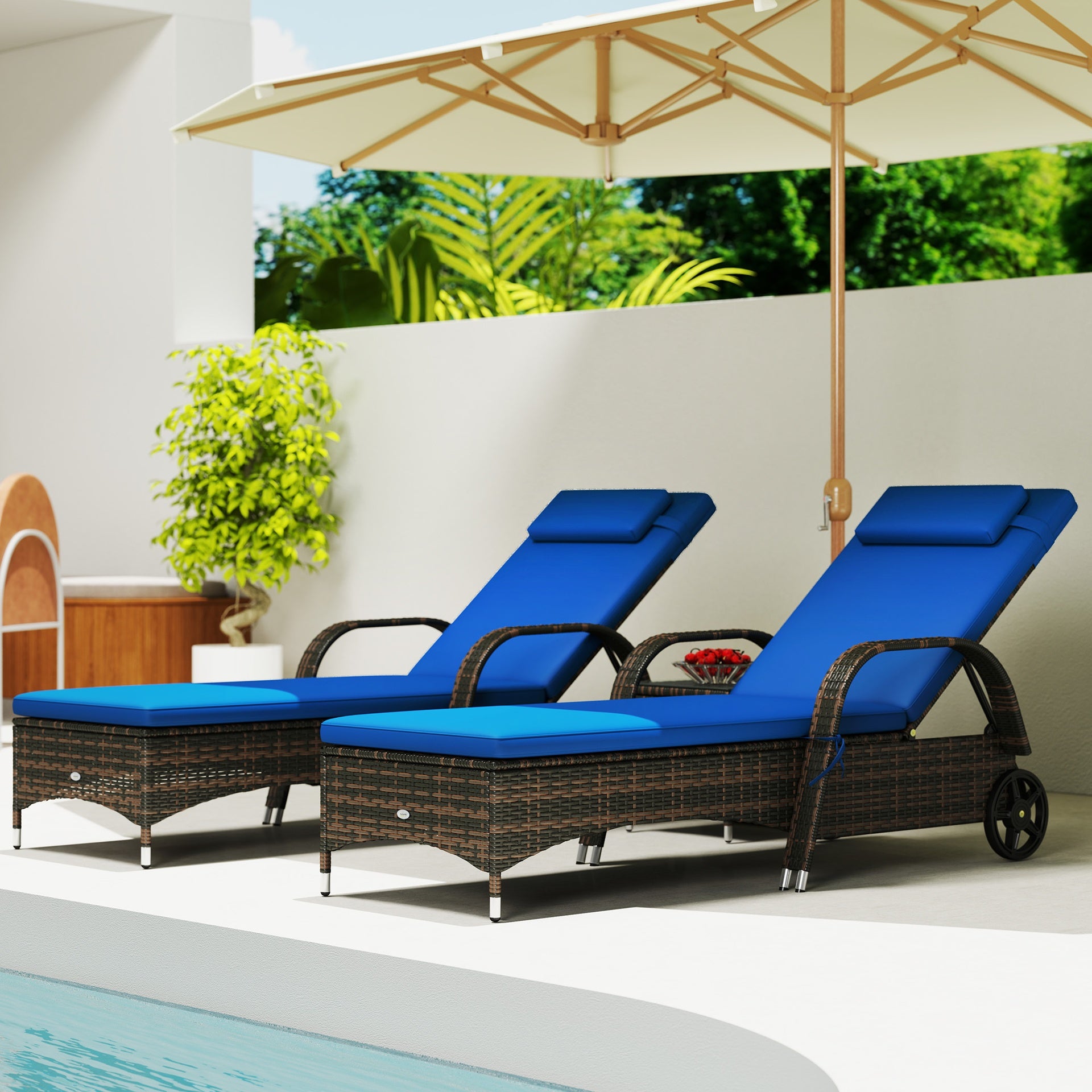 Outsunny Patio Wicker Chaise Lounge Chair Set of 2 with Table, Adjustable Backrest, Wheels, Cushion & Headrest, Blue