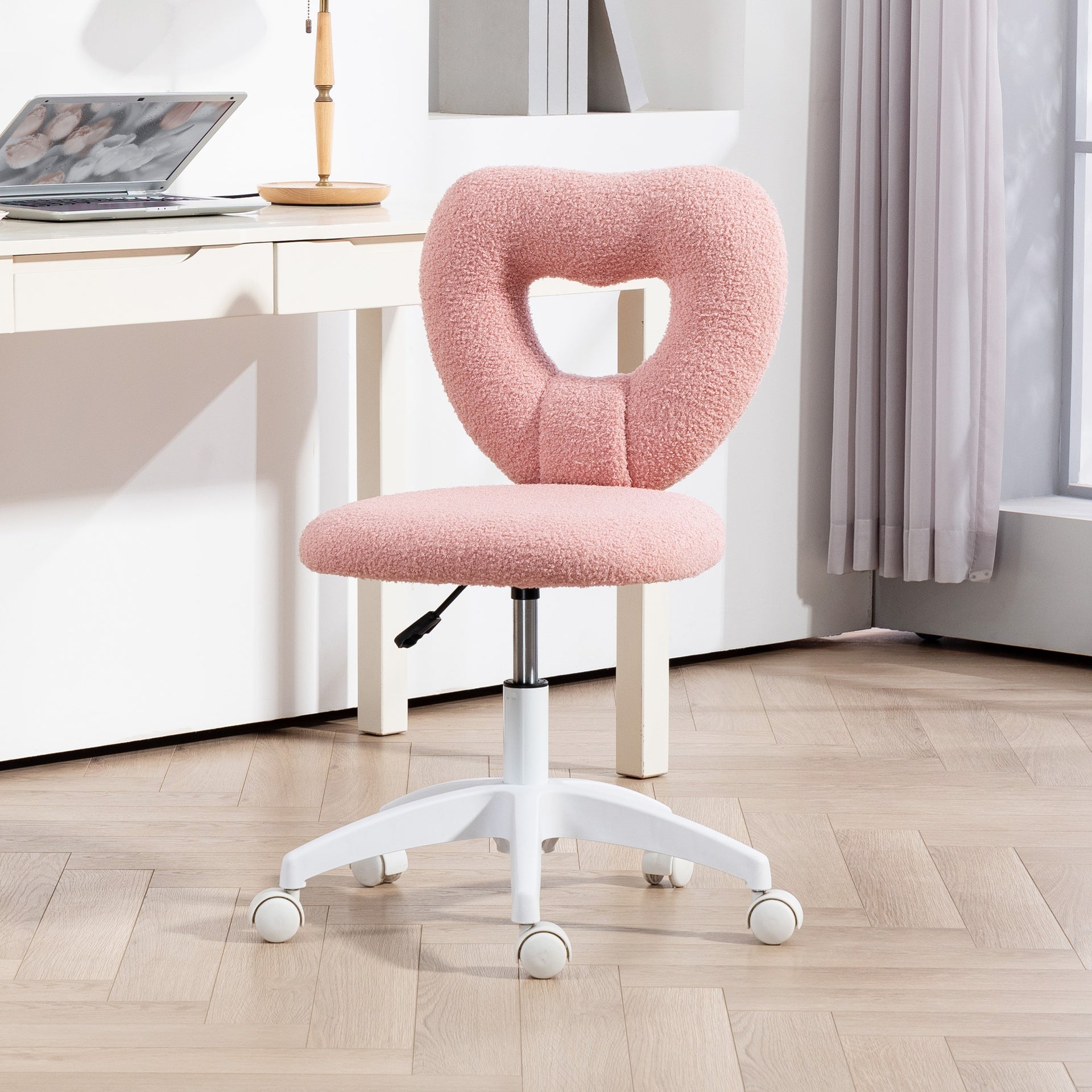 HOMCOM Armless Computer Desk Chair, Office Task Chair, Teddy Fleece Heart Makeup Vanity Chair with Swivel Wheels, Pink