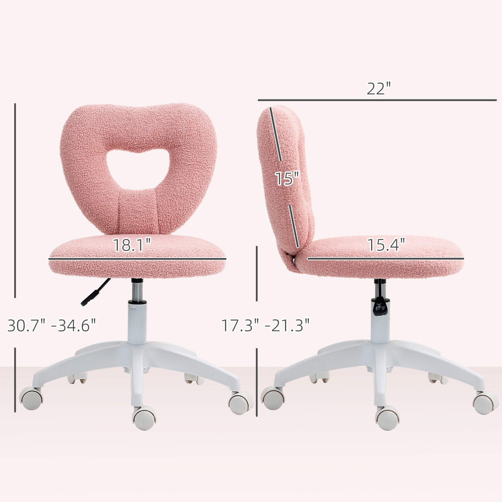 HOMCOM Armless Computer Desk Chair, Office Task Chair, Teddy Fleece Heart Makeup Vanity Chair with Swivel Wheels, Pink