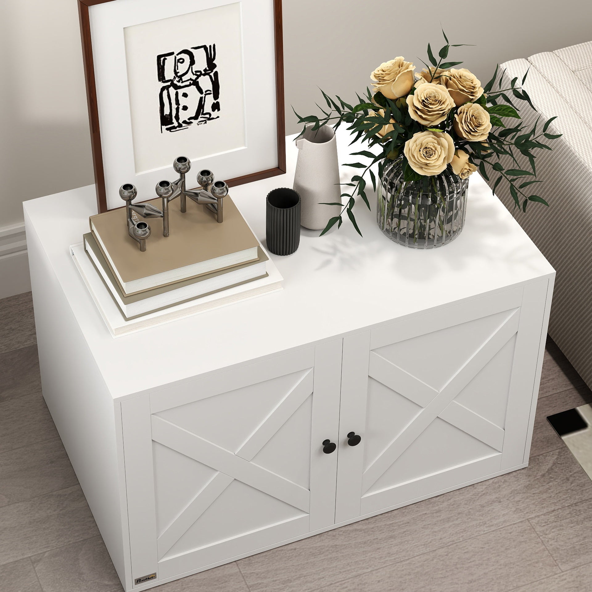 PawHut Cat Litter Box Enclosure with Barn Door, Cat Hole, 31.5" x 21" x 20", White