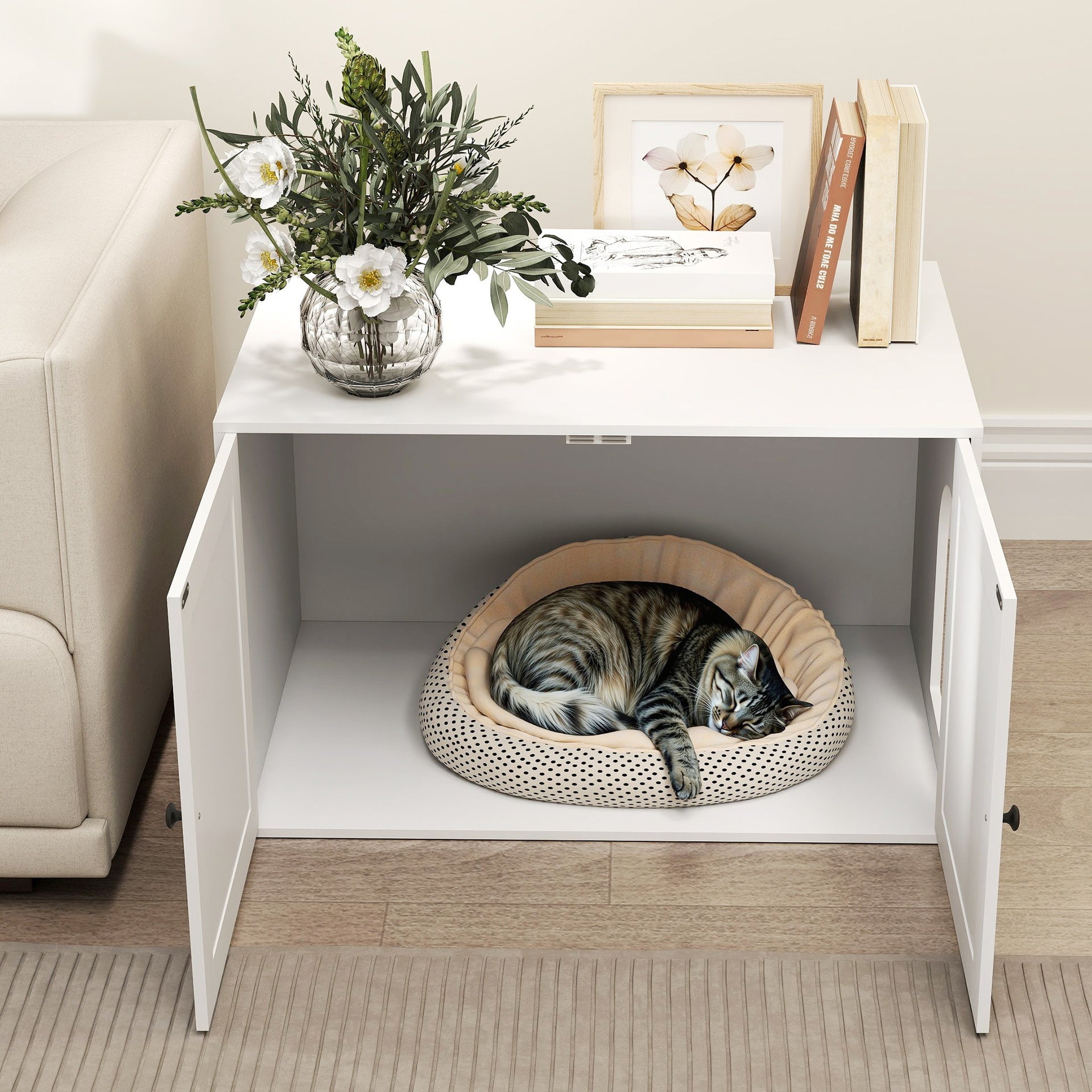 PawHut Cat Litter Box Enclosure with Barn Door, Cat Hole, 31.5" x 21" x 20", White