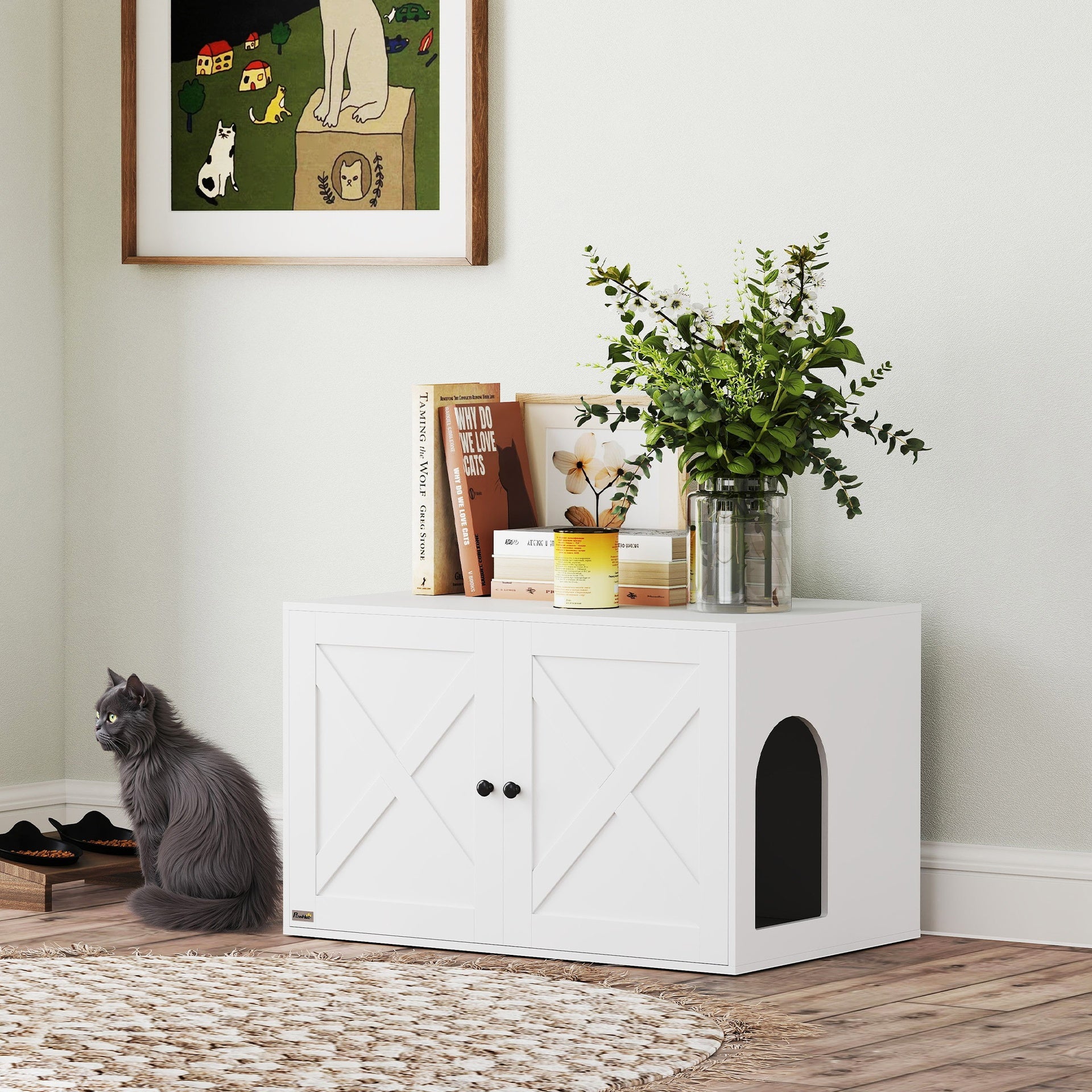 PawHut Cat Litter Box Enclosure with Barn Door, Cat Hole, 31.5" x 21" x 20", White
