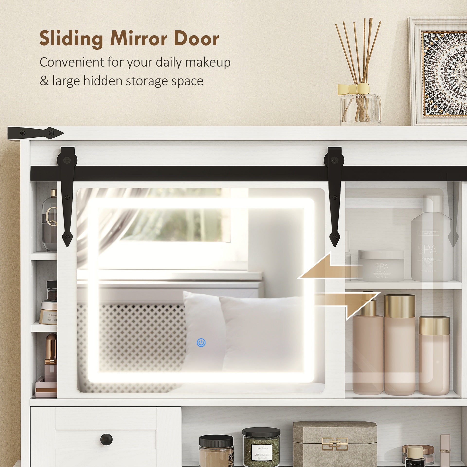 HOMCOM Vanity Desk Set with Mirror and Lights, Cushioned Stool, Storage Drawer, Cabinet, Shelves for Bedroom, White