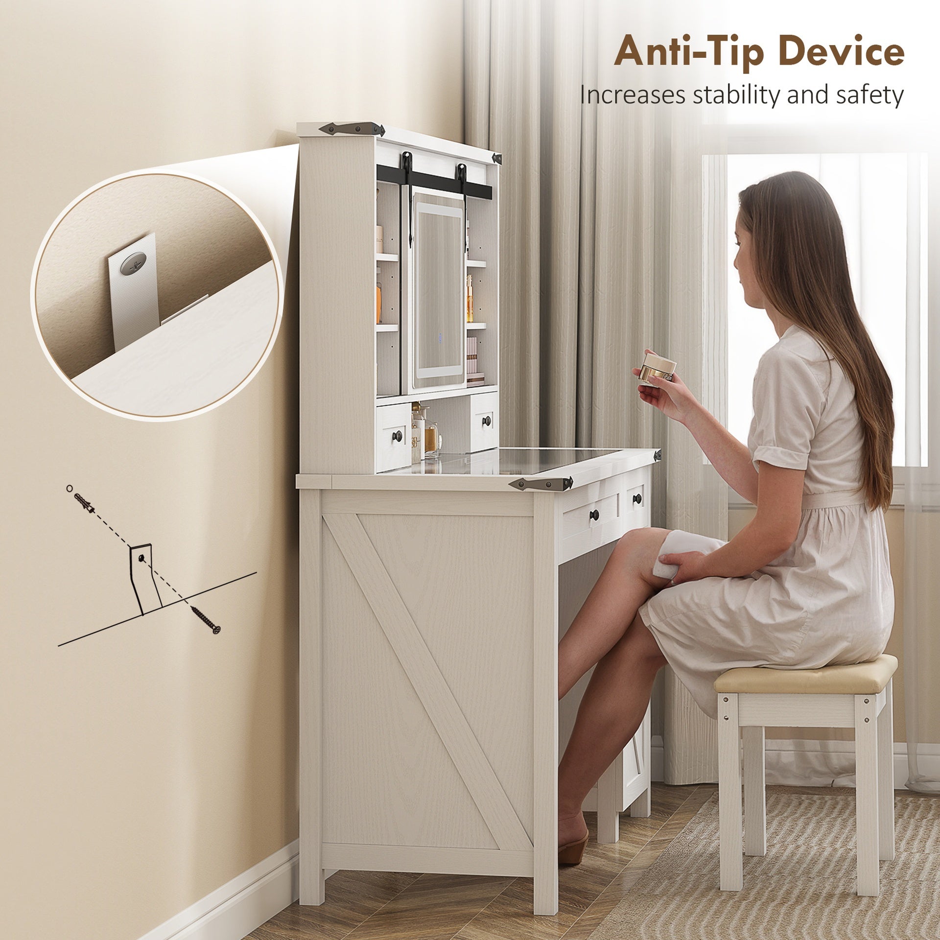 HOMCOM Vanity Desk Set with Mirror and Lights, Cushioned Stool, Storage Drawer, Cabinet, Shelves for Bedroom, White