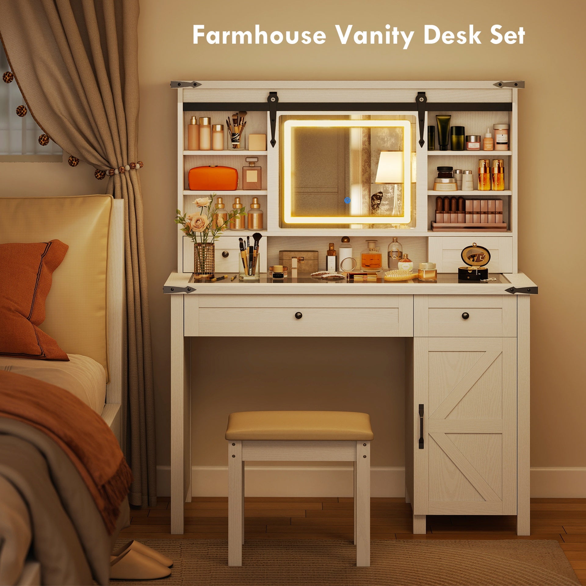 HOMCOM Vanity Desk Set with Mirror and Lights, Cushioned Stool, Storage Drawer, Cabinet, Shelves for Bedroom, White