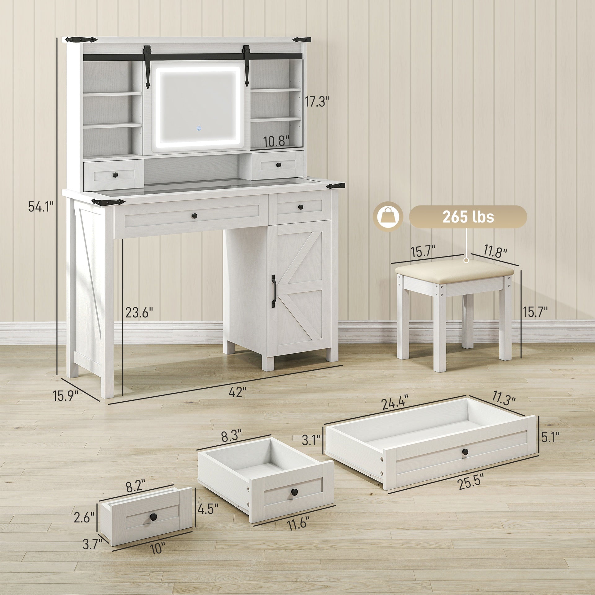 HOMCOM Vanity Desk Set with Mirror and Lights, Cushioned Stool, Storage Drawer, Cabinet, Shelves for Bedroom, White