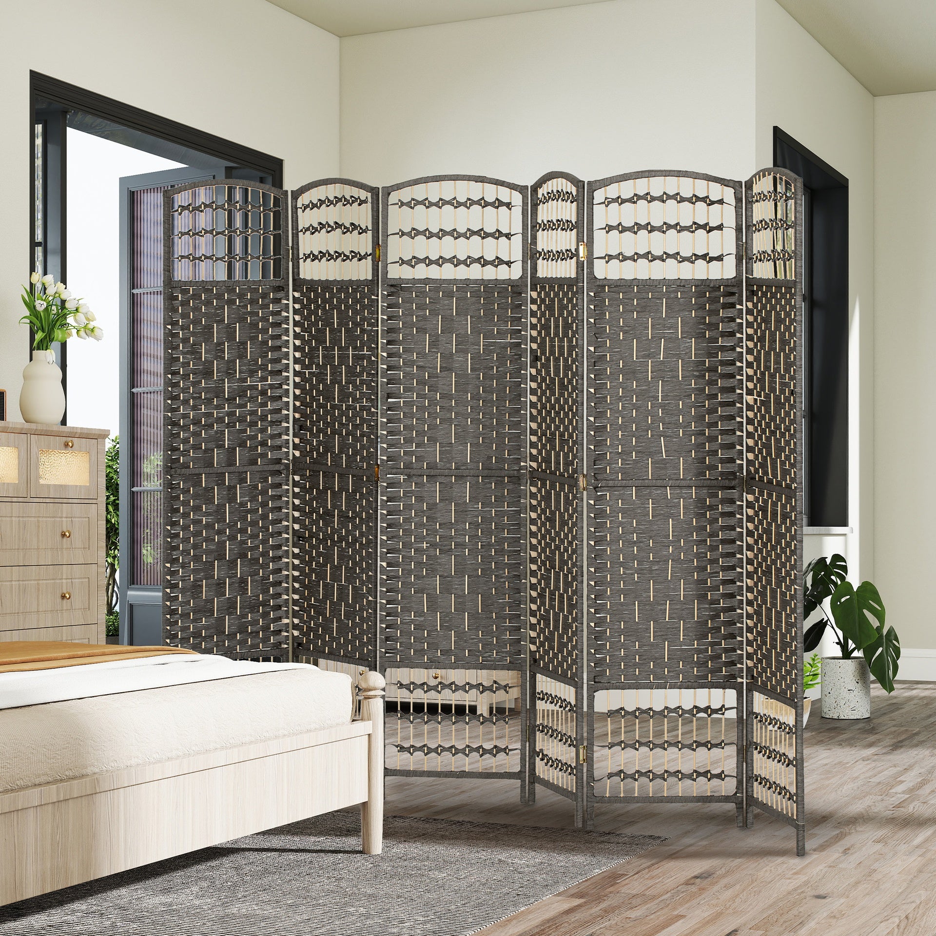 HOMCOM 6 Panel Folding Room Divider Portable Privacy Screen Wave Fiber Room Partition for Home Office Dark Gray
