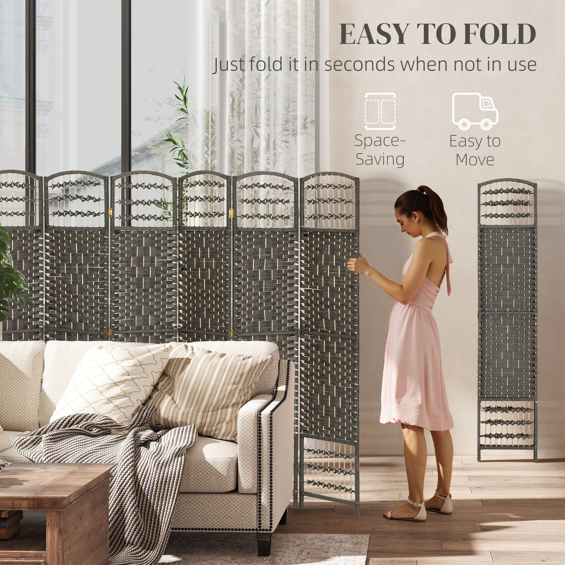 HOMCOM 6 Panel Folding Room Divider Portable Privacy Screen Wave Fiber Room Partition for Home Office Dark Gray