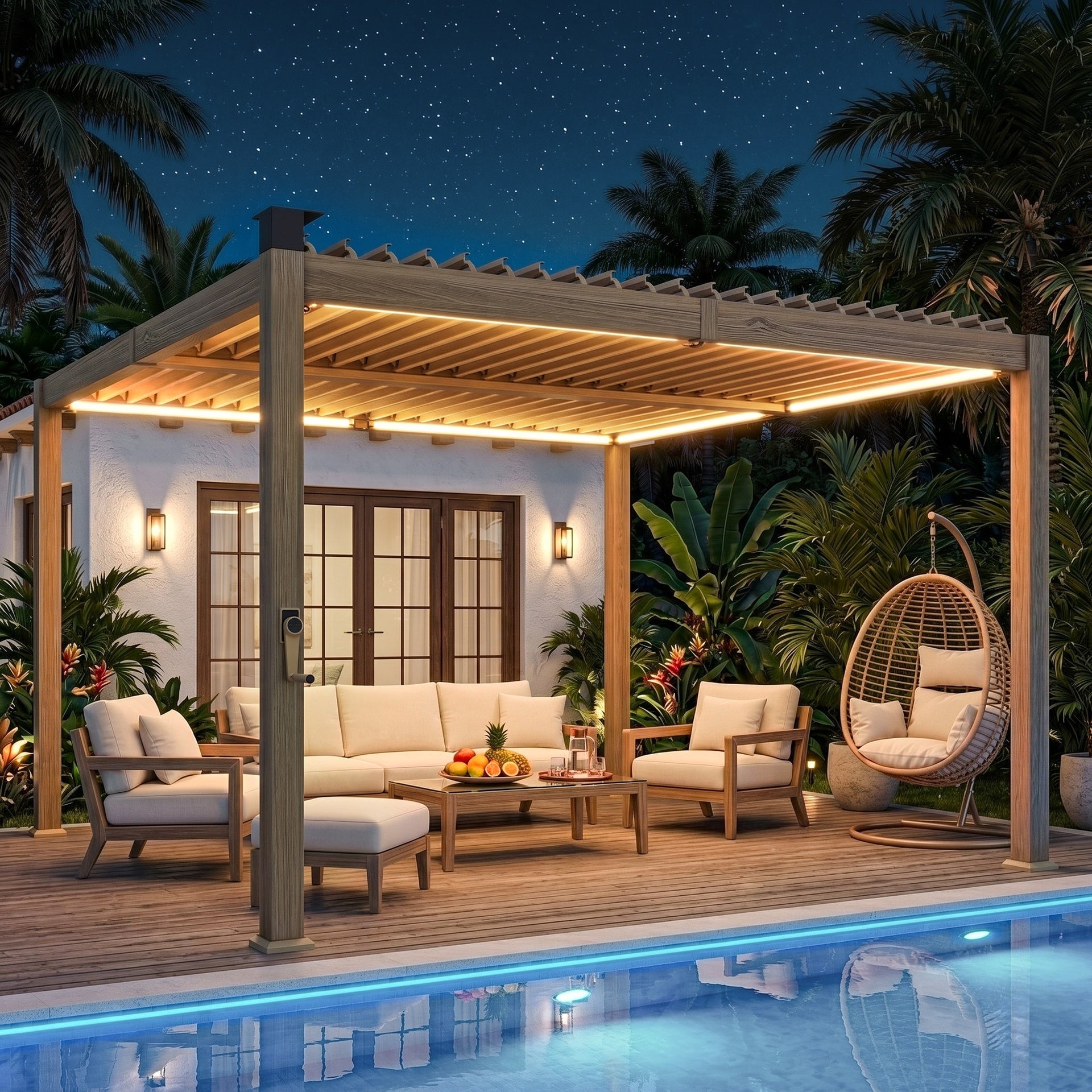 Outsunny 10' x 10' Louvered Pergola with Solar LED lights, Metal Roof, Outdoor Pergola Patio Gazebo with Drainage Gutters, Brown