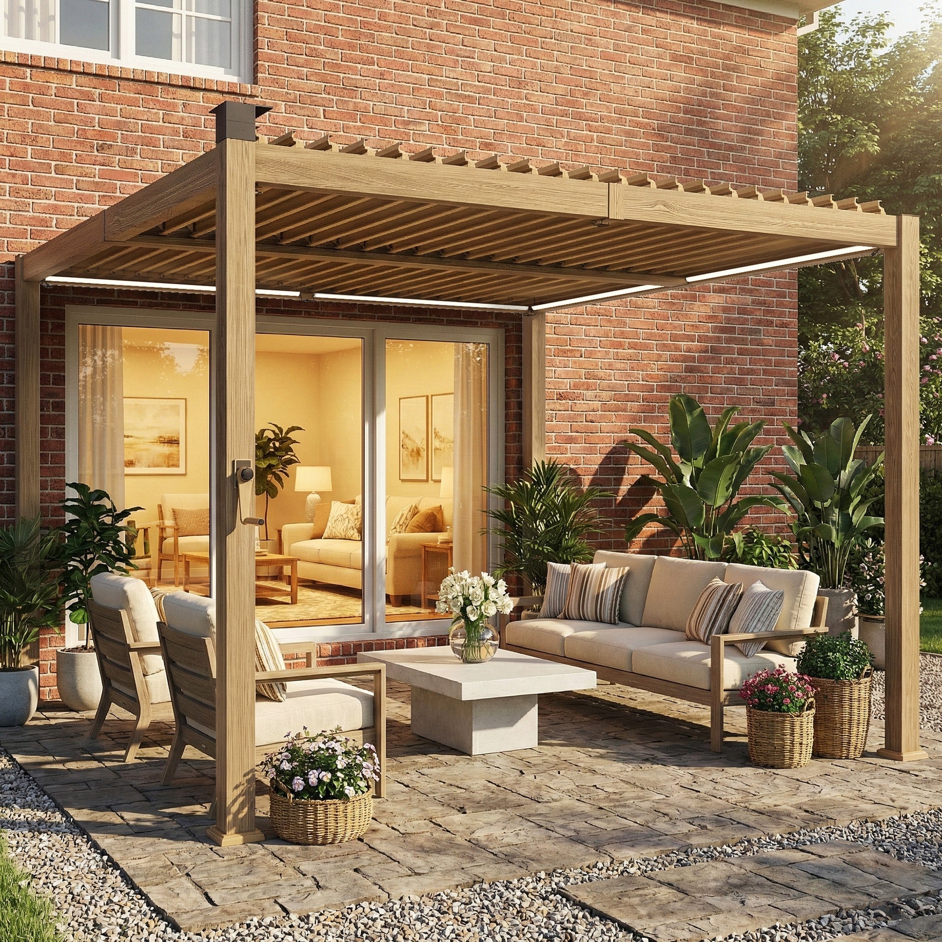 Outsunny 10' x 10' Louvered Pergola with Solar LED lights, Metal Roof, Outdoor Pergola Patio Gazebo with Drainage Gutters, Brown