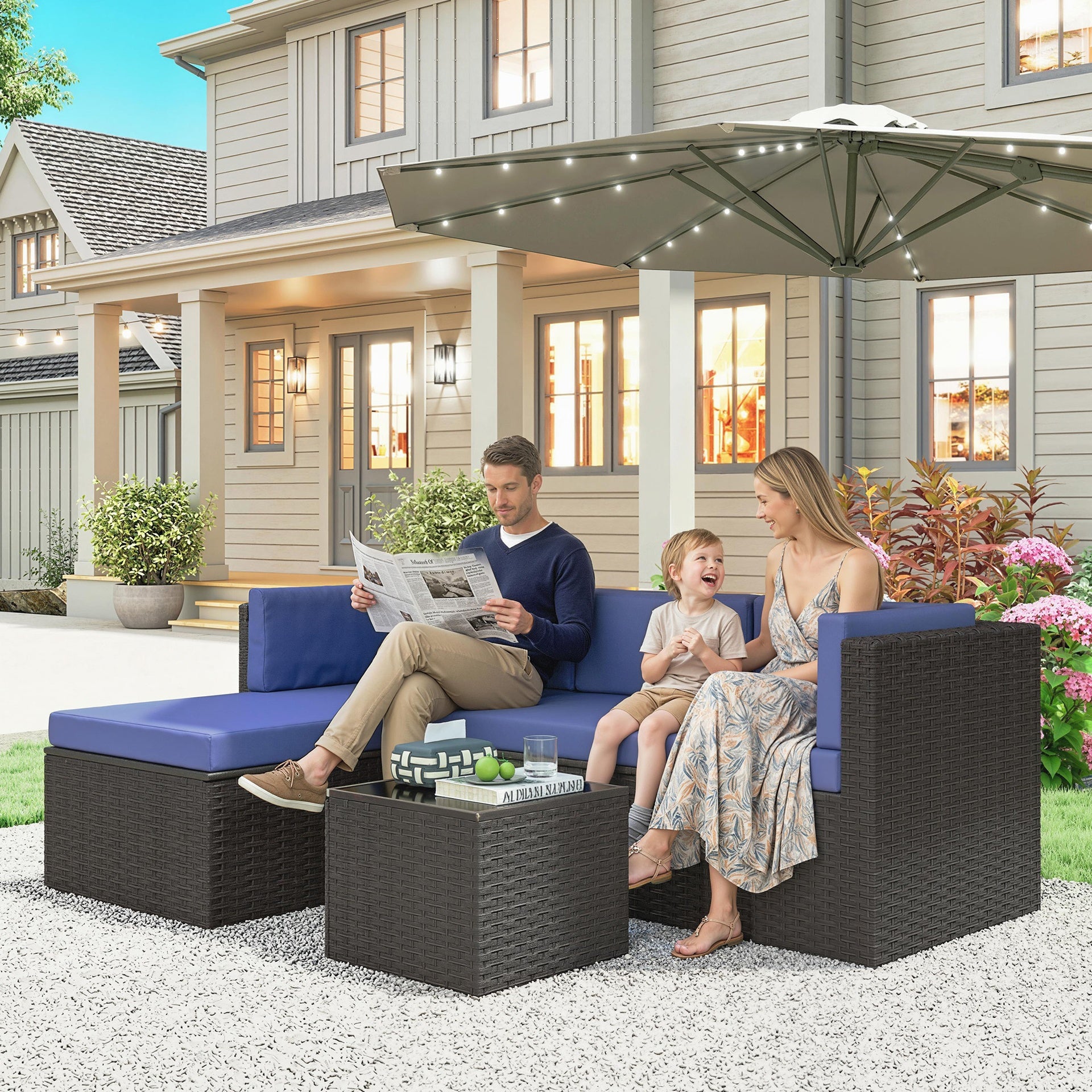 Outsunny 3 Piece Patio Furniture Set, Wicker Outdoor Patio Conversation Furniture Set with Cushions, Glass Top Table, Navy Blue