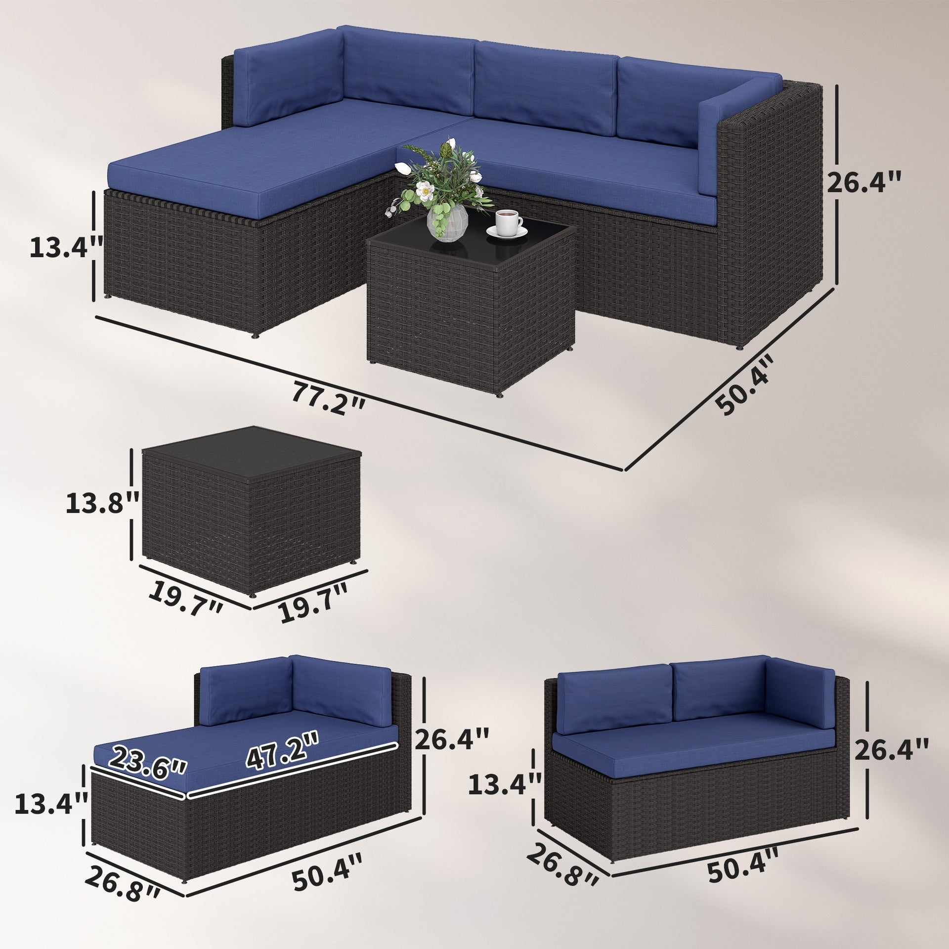 Outsunny 3 Piece Patio Furniture Set, Wicker Outdoor Patio Conversation Furniture Set with Cushions, Glass Top Table, Navy Blue