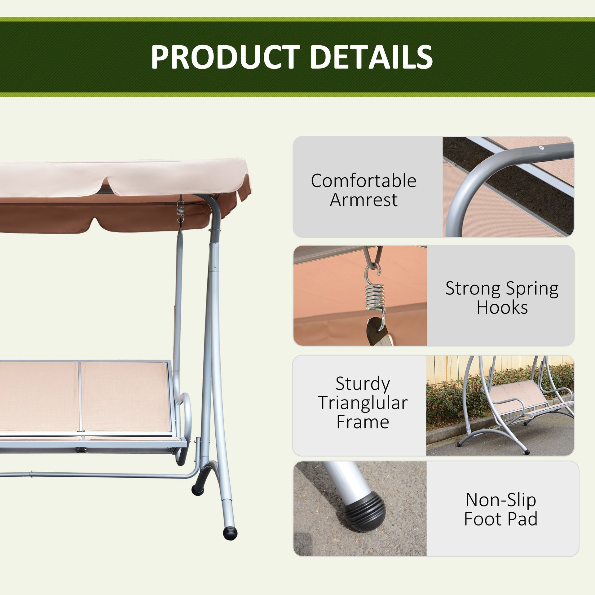 Outsunny 3-Seat Outdoor Porch Swing Chair, Patio Swing Glider with Adjustable Canopy, Breathable Seat, and Steel Frame for Garden, Poolside, Backyard, Beige