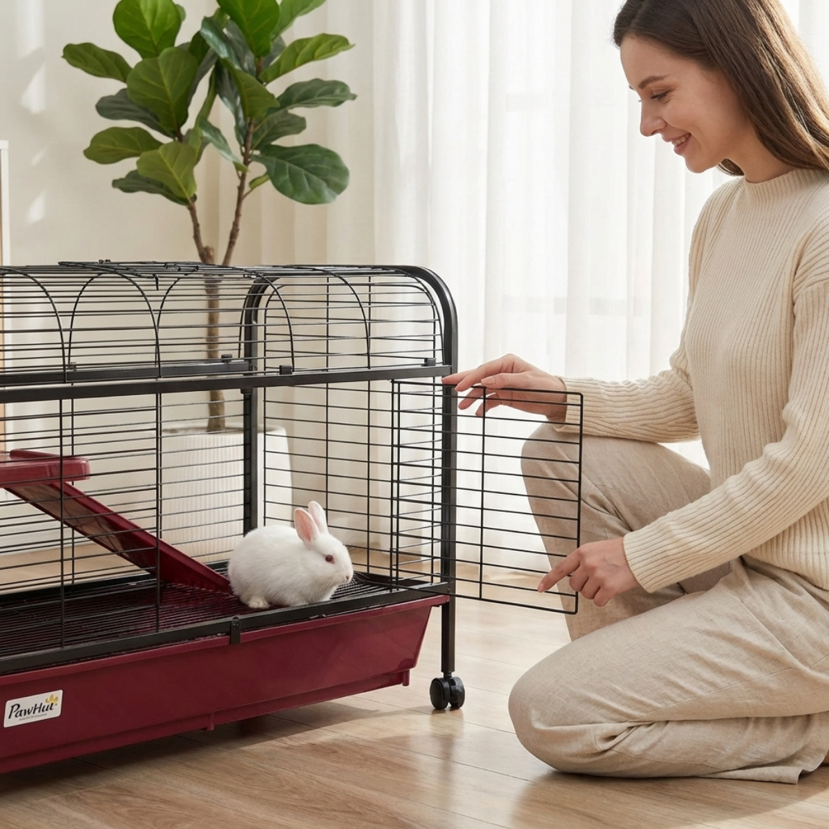 PawHut 41"L Small Animal Cage, Pet Play House for Rabbit Hutch Ferret with Feeder, Rolling Wheels, Platform, Ramp