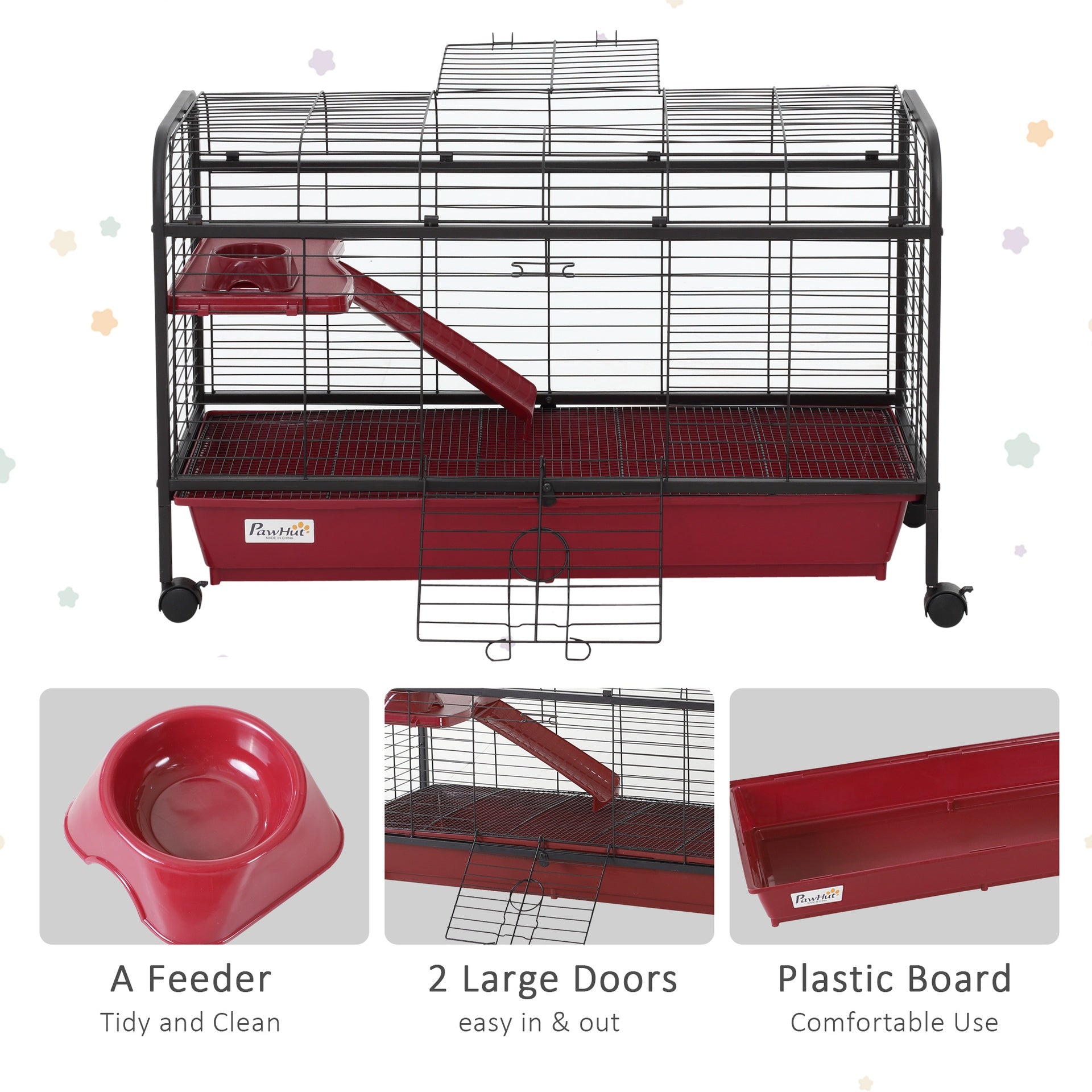 PawHut 41"L Small Animal Cage, Pet Play House for Rabbit Hutch Ferret with Feeder, Rolling Wheels, Platform, Ramp