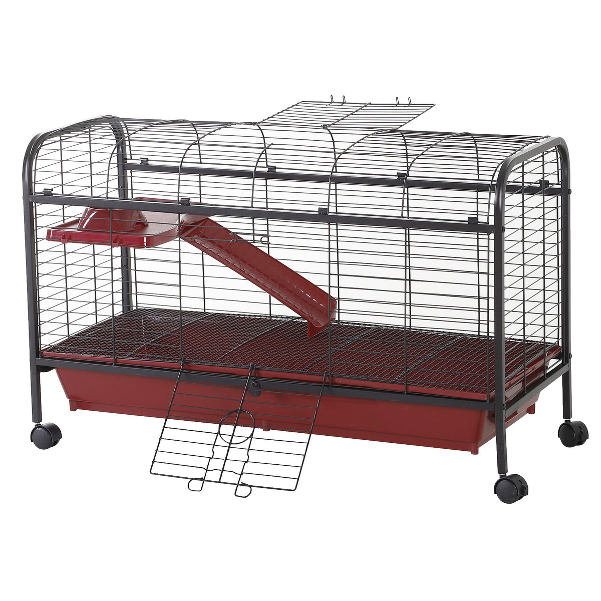 PawHut 41"L Small Animal Cage, Pet Play House for Rabbit Hutch Ferret with Feeder, Rolling Wheels, Platform, Ramp