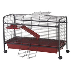 PawHut 41"L Small Animal Cage, Pet Play House for Rabbit Hutch Ferret with Feeder, Rolling Wheels, Platform, Ramp