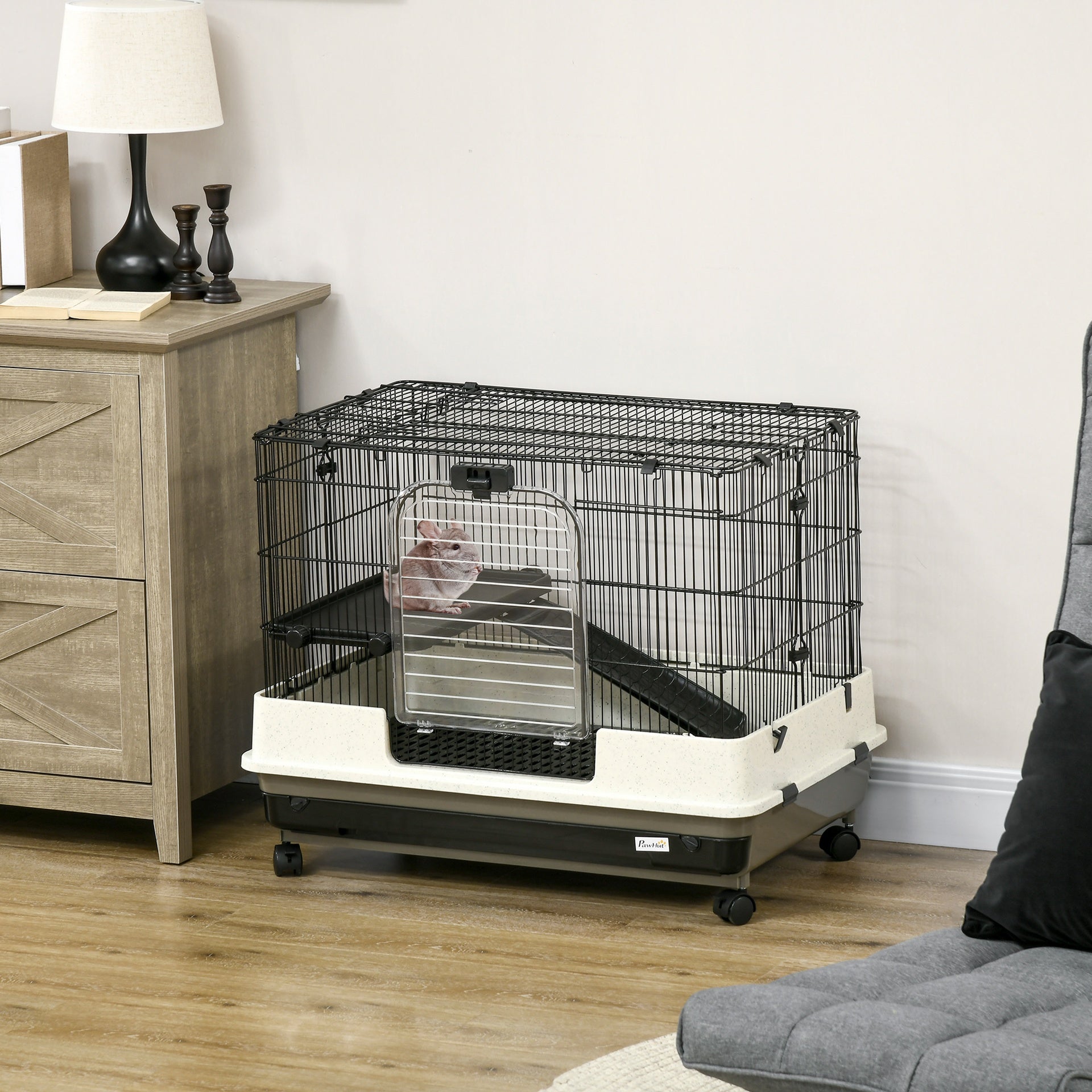 PawHut 2-tier Compact Platform Rolling Small Animal Rabbit Cage for Hamsters, Chinchillas & Gerbils with a Large Living Space