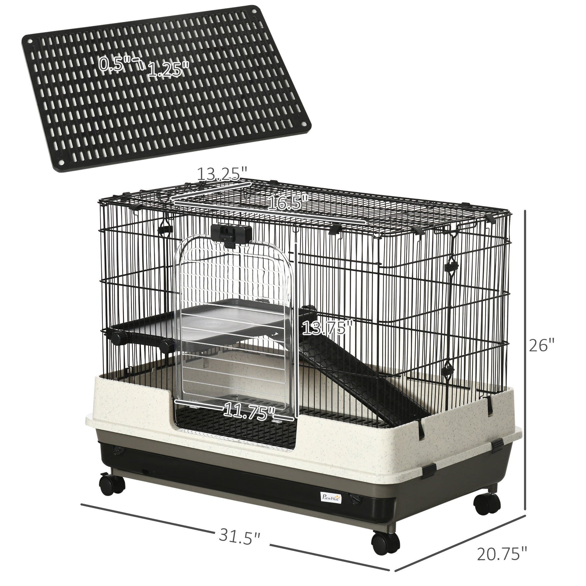 PawHut 2-tier Compact Platform Rolling Small Animal Rabbit Cage for Hamsters, Chinchillas & Gerbils with a Large Living Space