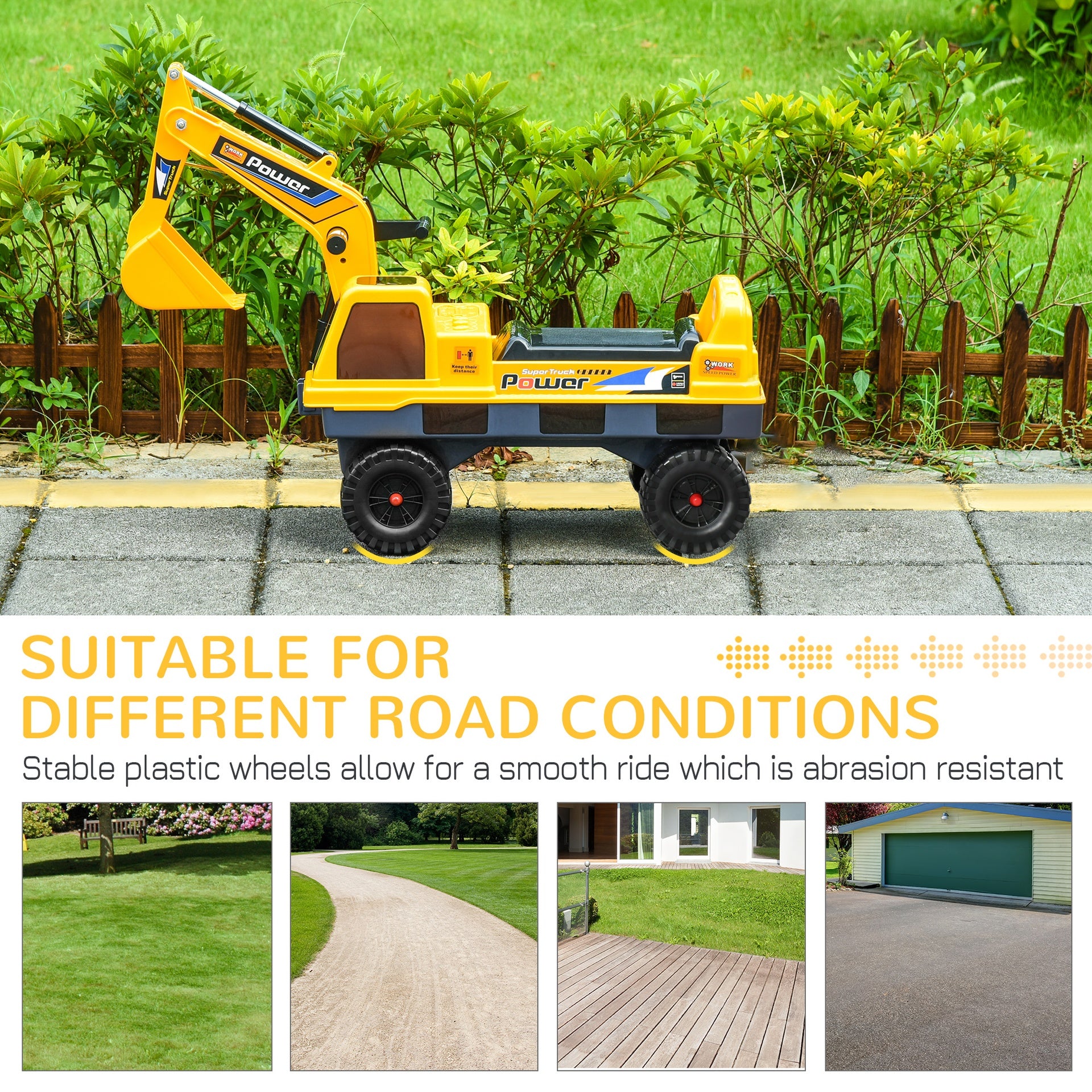 Qaba No Power 2 in 1 Ride On Excavator with Helmet and Claw, Construction Truck Set, Multi-Functional Digger with Storage, Light and Music, Yellow