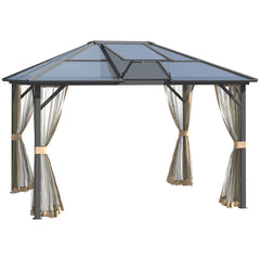 Outsunny 10' x 12' Hardtop Gazebo Canopy with Polycarbonate Roof, Aluminum Frame, Permanent Pavilion Outdoor Gazebo with Netting, for Patio, Garden, Backyard, Deck, Lawn, Gray, Brown