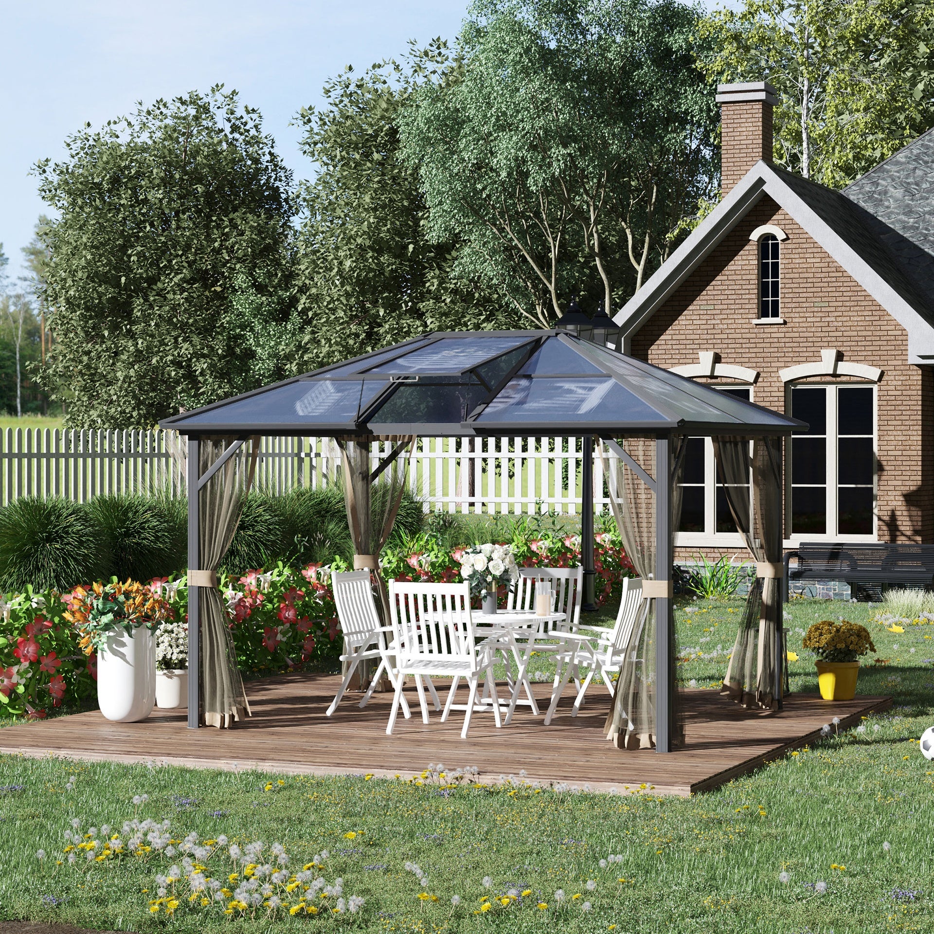 Outsunny 10' x 12' Hardtop Gazebo Canopy with Polycarbonate Roof, Aluminum Frame, Permanent Pavilion Outdoor Gazebo with Netting, for Patio, Garden, Backyard, Deck, Lawn, Gray, Brown