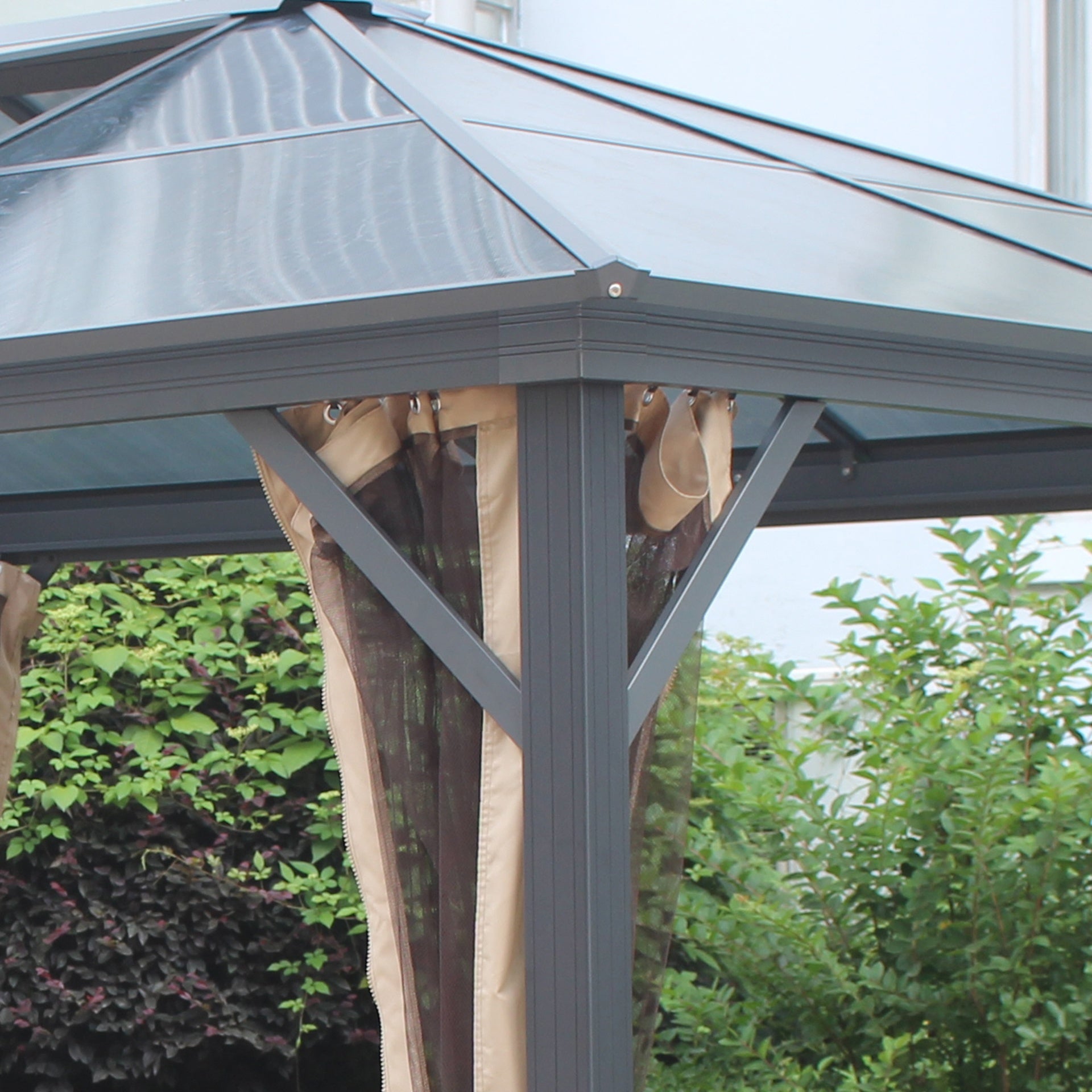 Outsunny 10' x 12' Hardtop Gazebo Canopy with Polycarbonate Roof, Aluminum Frame, Permanent Pavilion Outdoor Gazebo with Netting, for Patio, Garden, Backyard, Deck, Lawn, Gray, Brown