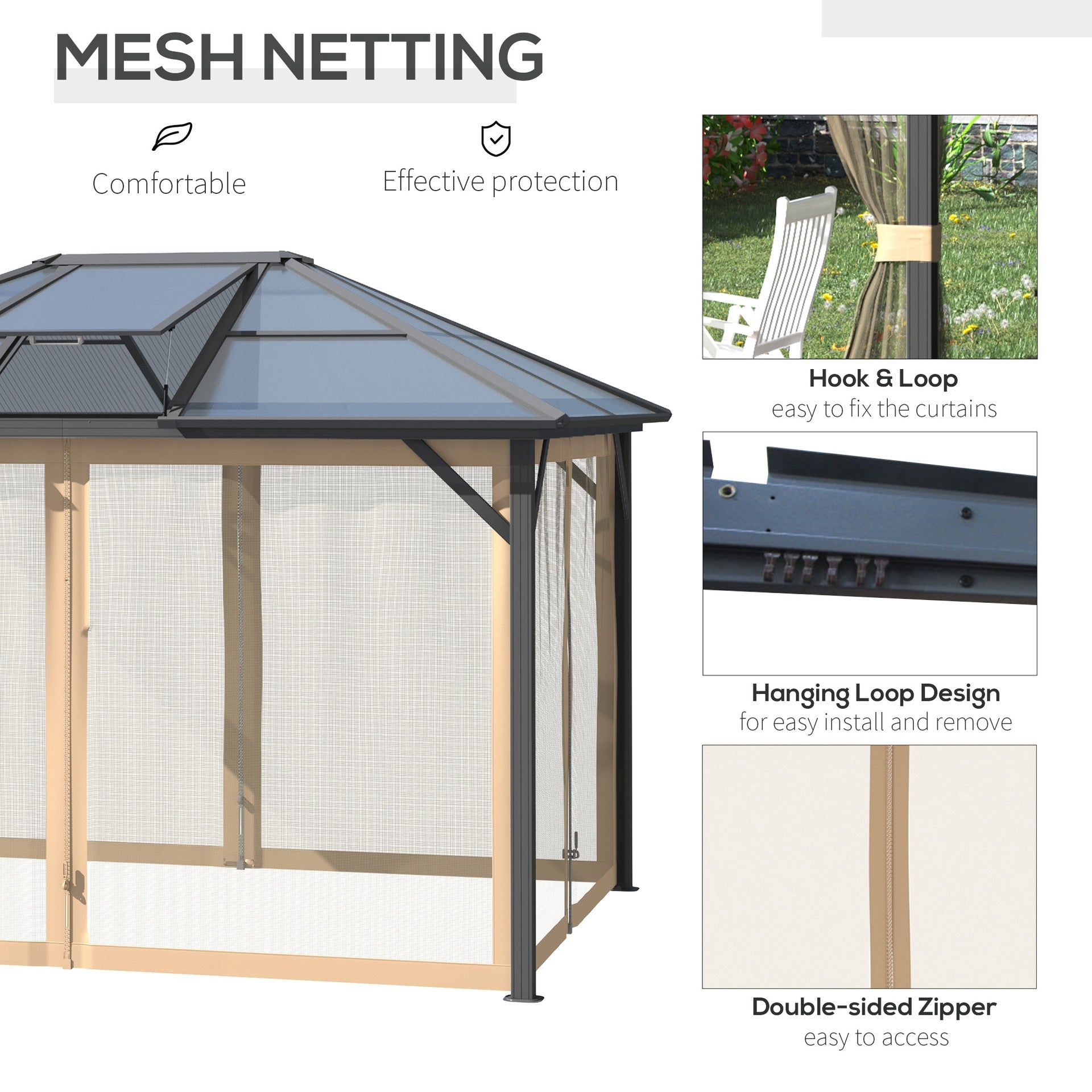 Outsunny 10' x 12' Hardtop Gazebo Canopy with Polycarbonate Roof, Aluminum Frame, Permanent Pavilion Outdoor Gazebo with Netting, for Patio, Garden, Backyard, Deck, Lawn, Gray, Brown