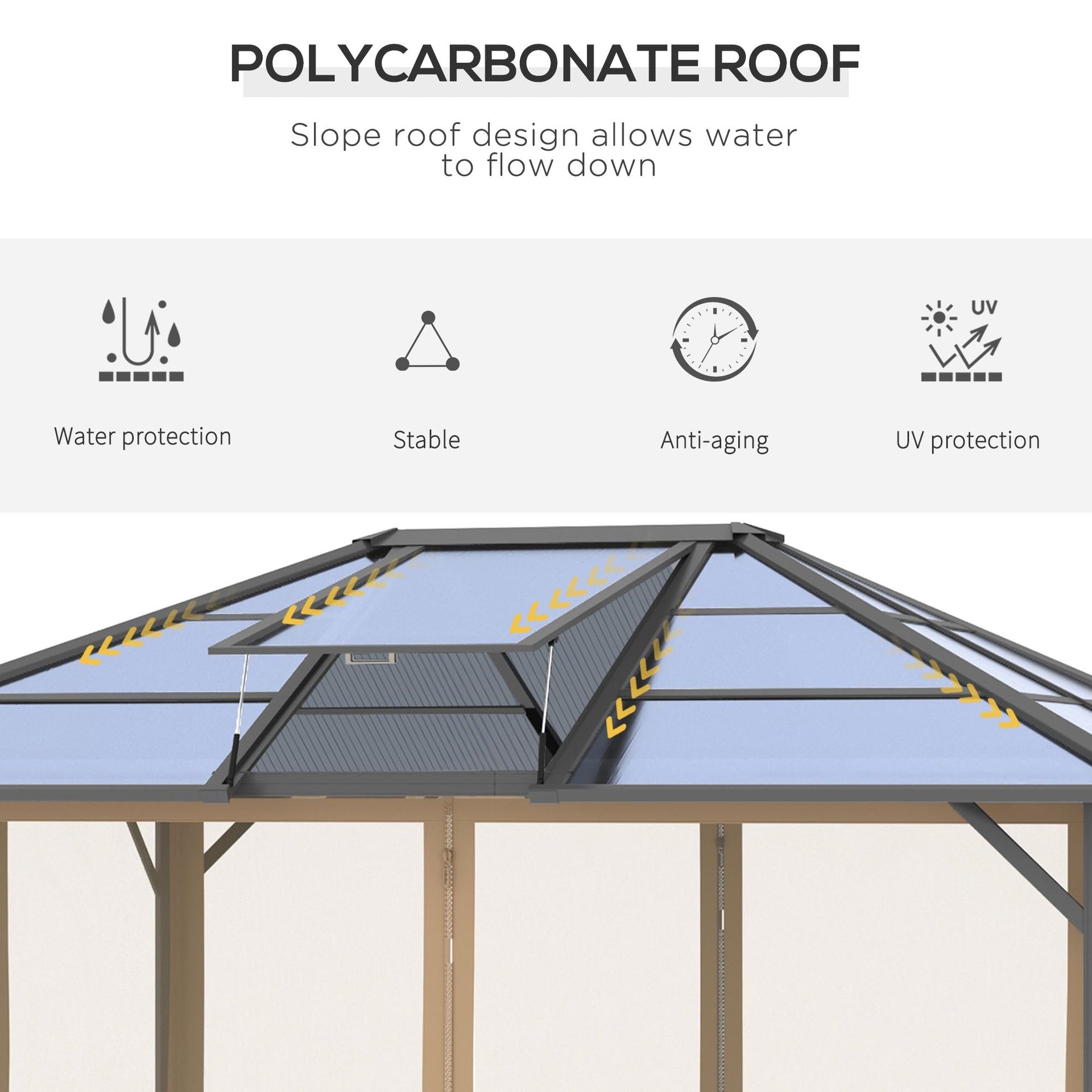 Outsunny 10' x 12' Hardtop Gazebo Canopy with Polycarbonate Roof, Aluminum Frame, Permanent Pavilion Outdoor Gazebo with Netting, for Patio, Garden, Backyard, Deck, Lawn, Gray, Brown