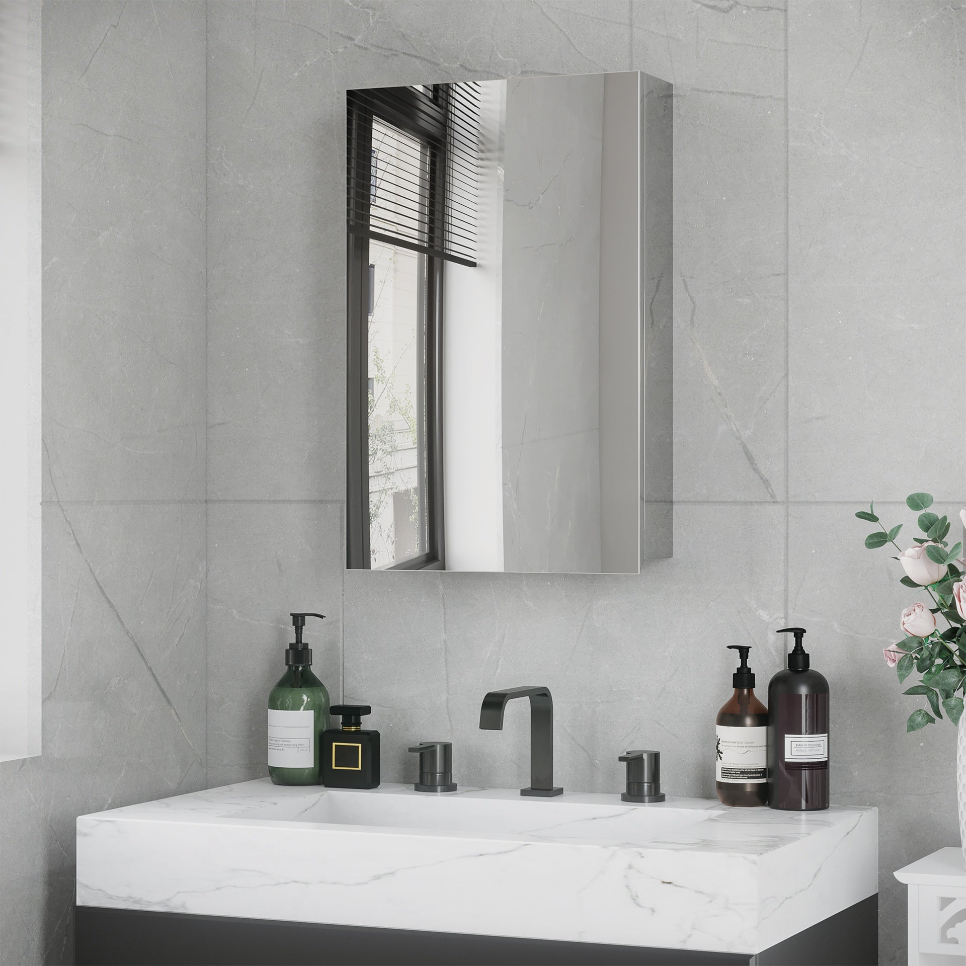 kleankin Wall Mounted Bathroom Medicine Cabinet Mirrored Cabinet with Hinged Door 3-Tier Storage Shelves Silver