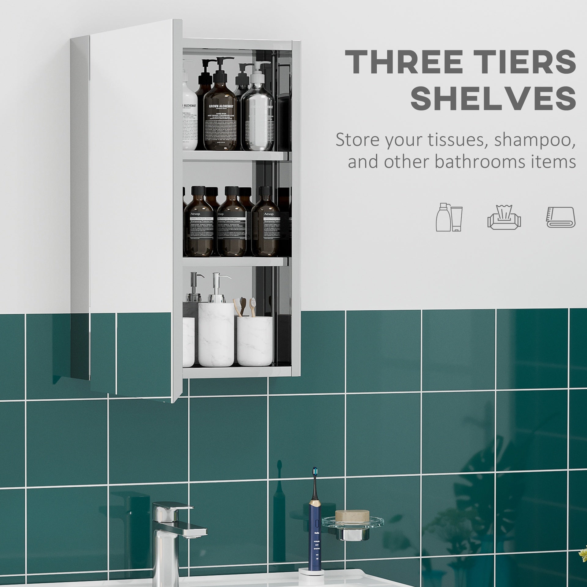 kleankin Wall Mounted Bathroom Medicine Cabinet Mirrored Cabinet with Hinged Door 3-Tier Storage Shelves Silver