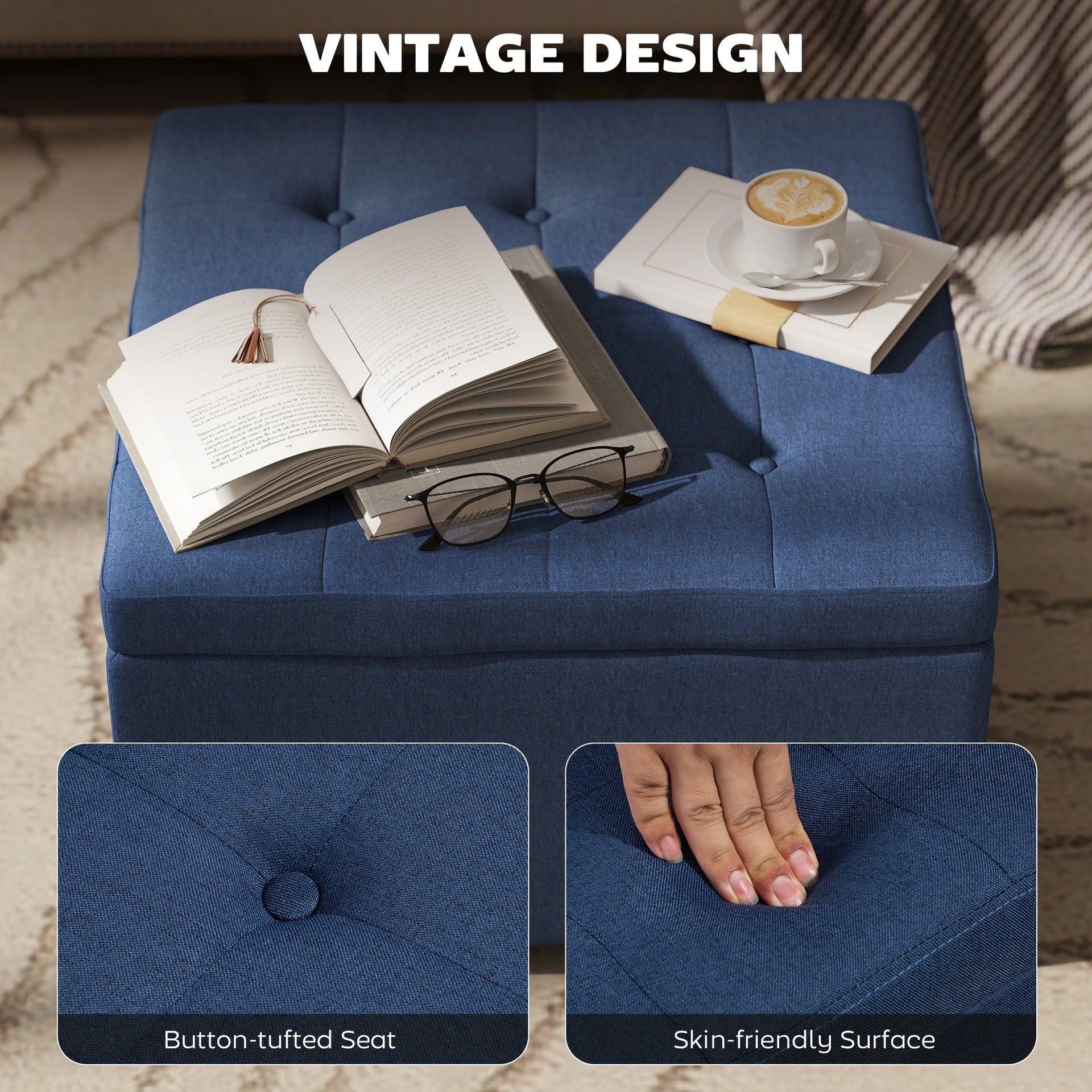 HOMCOM Round Storage Ottoman Bench, Button Tufted Ottoman with Flip Top for Living Room, Entryway and Bedroom, Blue