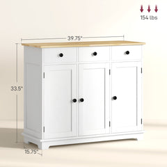 HOMCOM Kitchen Storage Cabinet, Sideboard Floor Cupboard with Solid Wood Top, Adjustable Shelf, and 3 Drawers, White