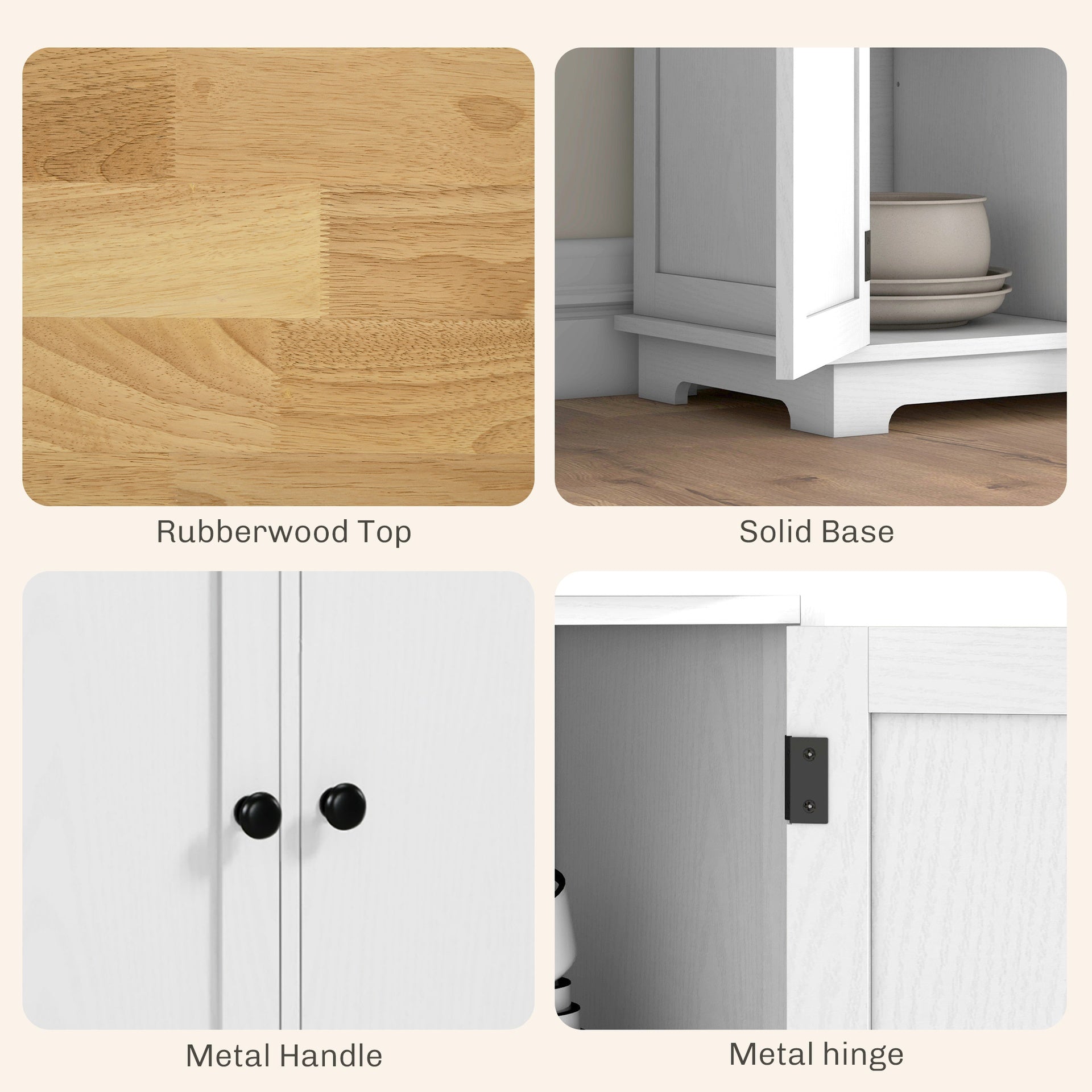 HOMCOM Kitchen Storage Cabinet, Sideboard Floor Cupboard with Solid Wood Top, Adjustable Shelf, and 3 Drawers, White