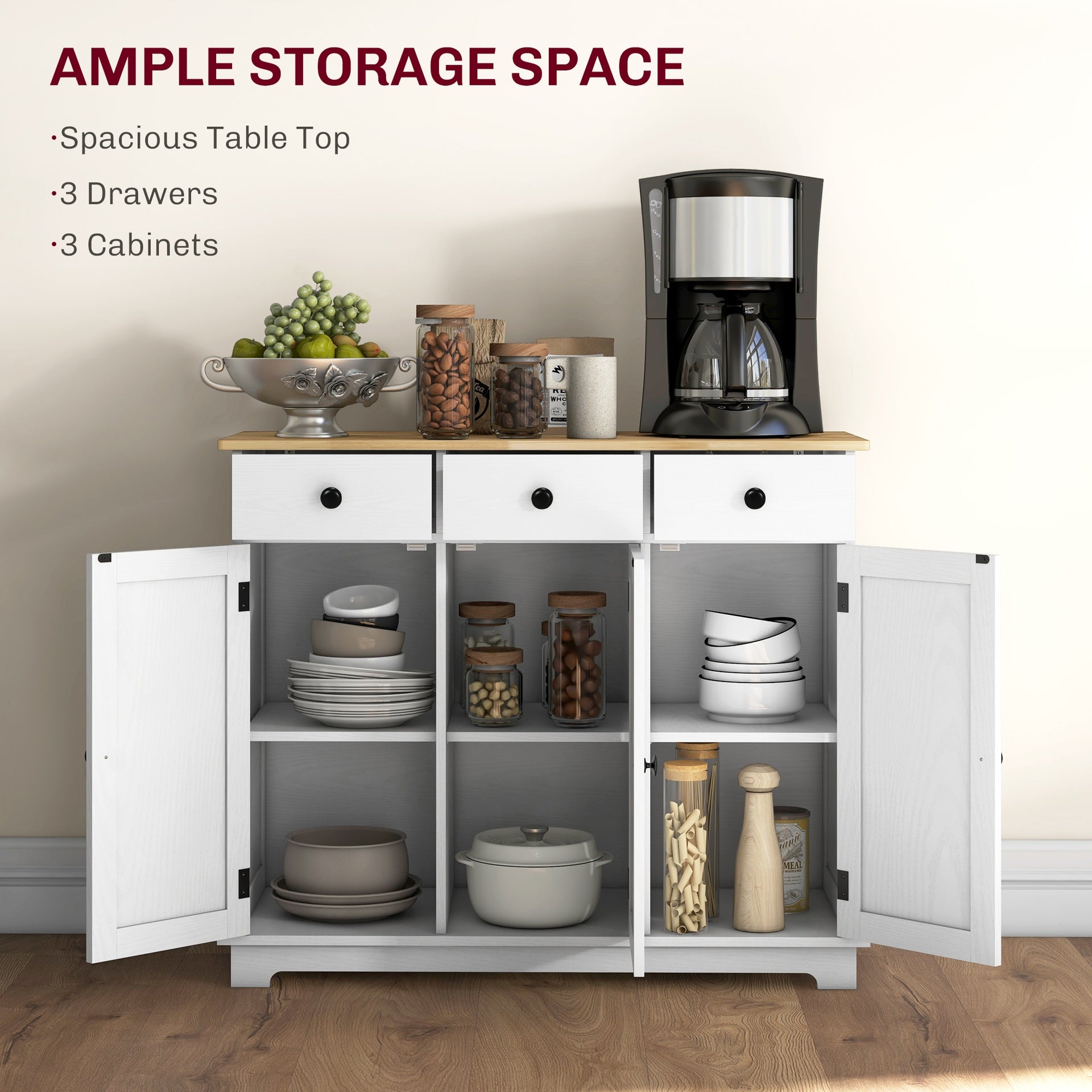 HOMCOM Kitchen Storage Cabinet, Sideboard Floor Cupboard with Solid Wood Top, Adjustable Shelf, and 3 Drawers, White