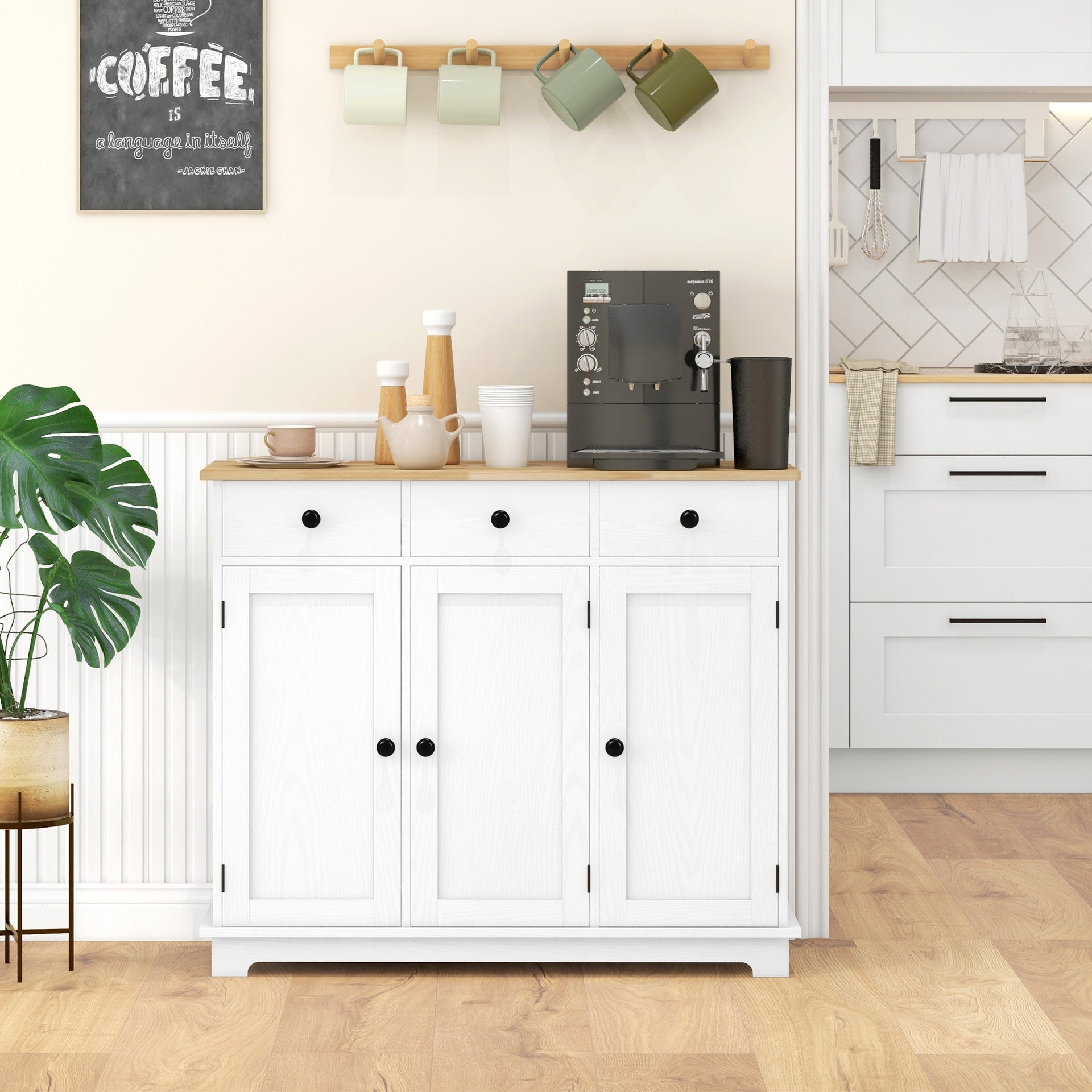HOMCOM Kitchen Storage Cabinet, Sideboard Floor Cupboard with Solid Wood Top, Adjustable Shelf, and 3 Drawers, White