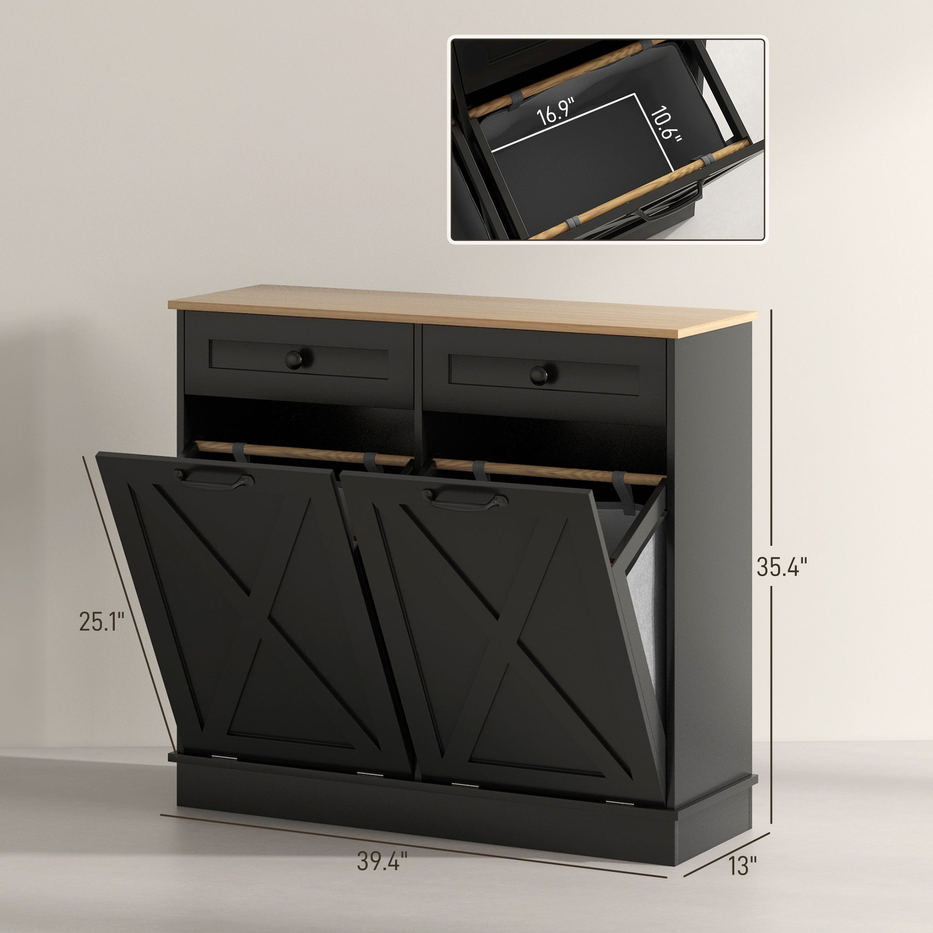 HOMCOM Tilt Out Laundry Hamper Cabinet, Bathroom Storage Cabinet with 2 Removable Baskets and 2 Drawers, Black