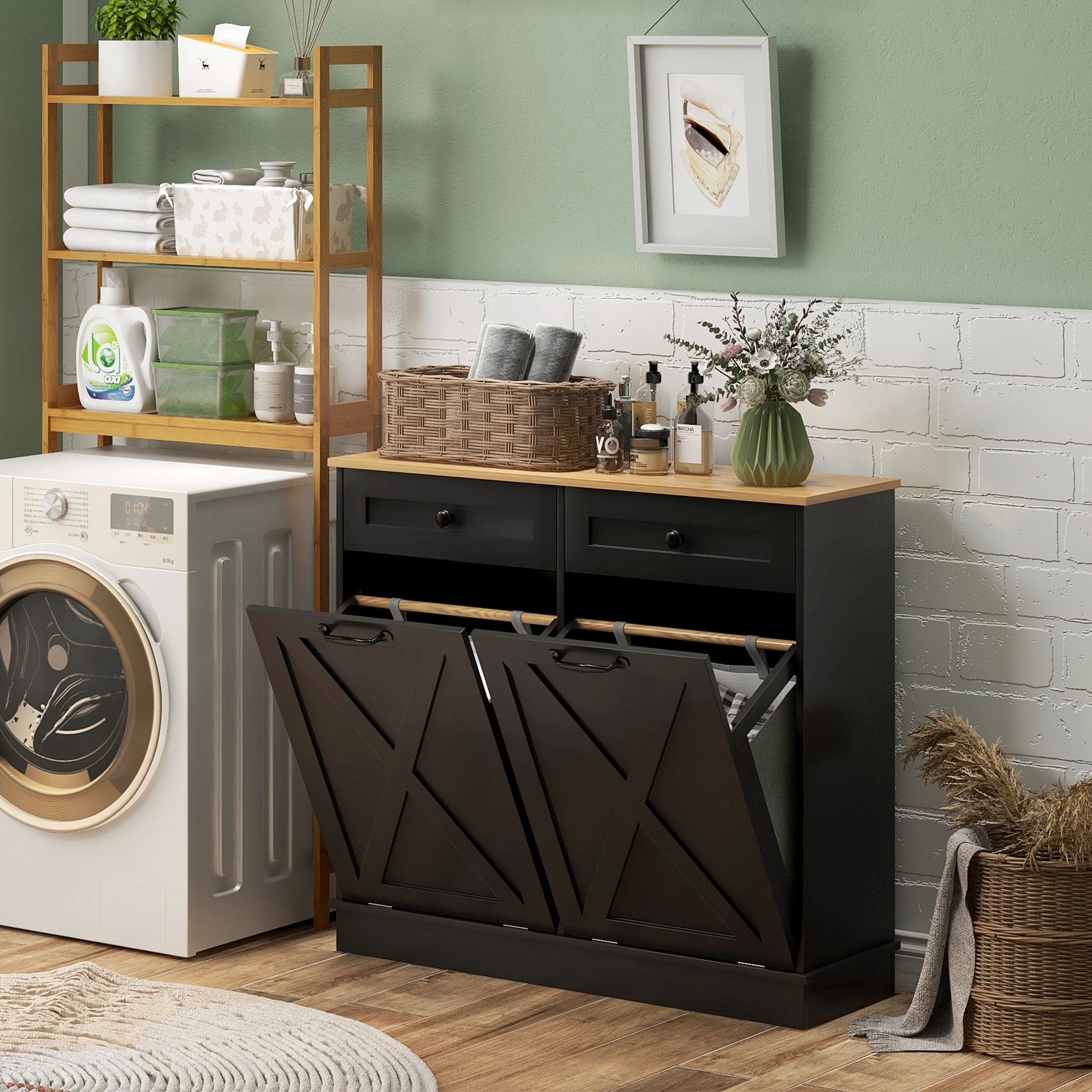 HOMCOM Tilt Out Laundry Hamper Cabinet, Bathroom Storage Cabinet with 2 Removable Baskets and 2 Drawers, Black